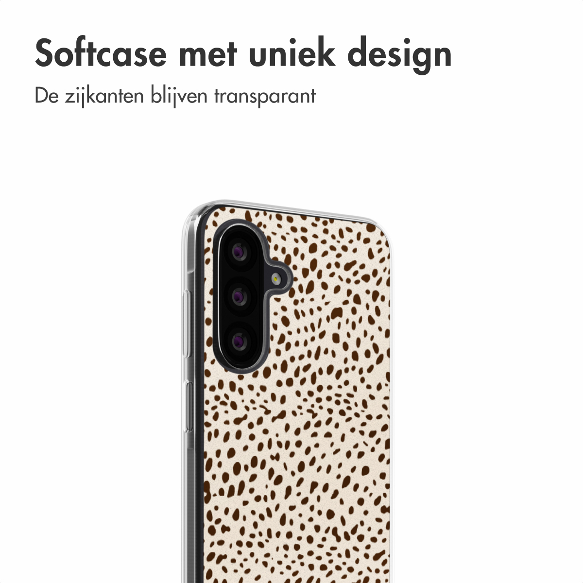 Telefoonhoesje: stippenpatroon. Tekst: 'Softcase met uniek design'.