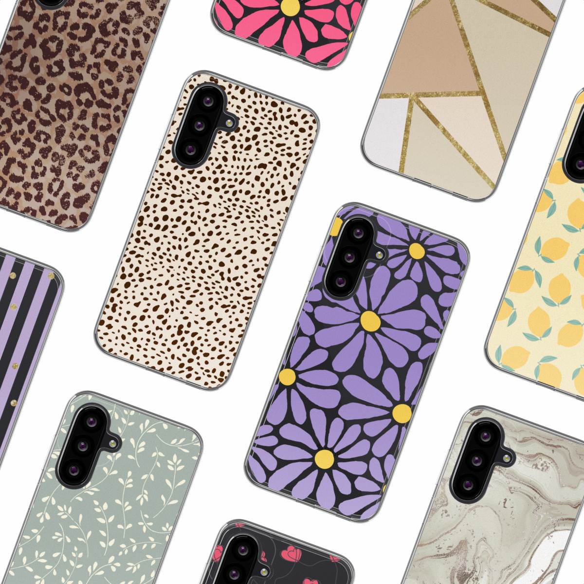 Een verzameling telefoonhoesjes met verschillende patronen, waaronder bloemen- en dierenprints.