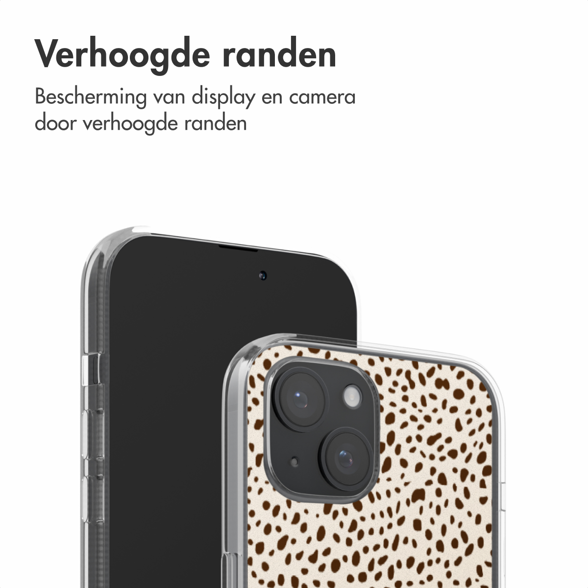 Telefoonhoesje met een bruin gespikkeld patroon. De telefoonhoes zit op een zwarte telefoon.