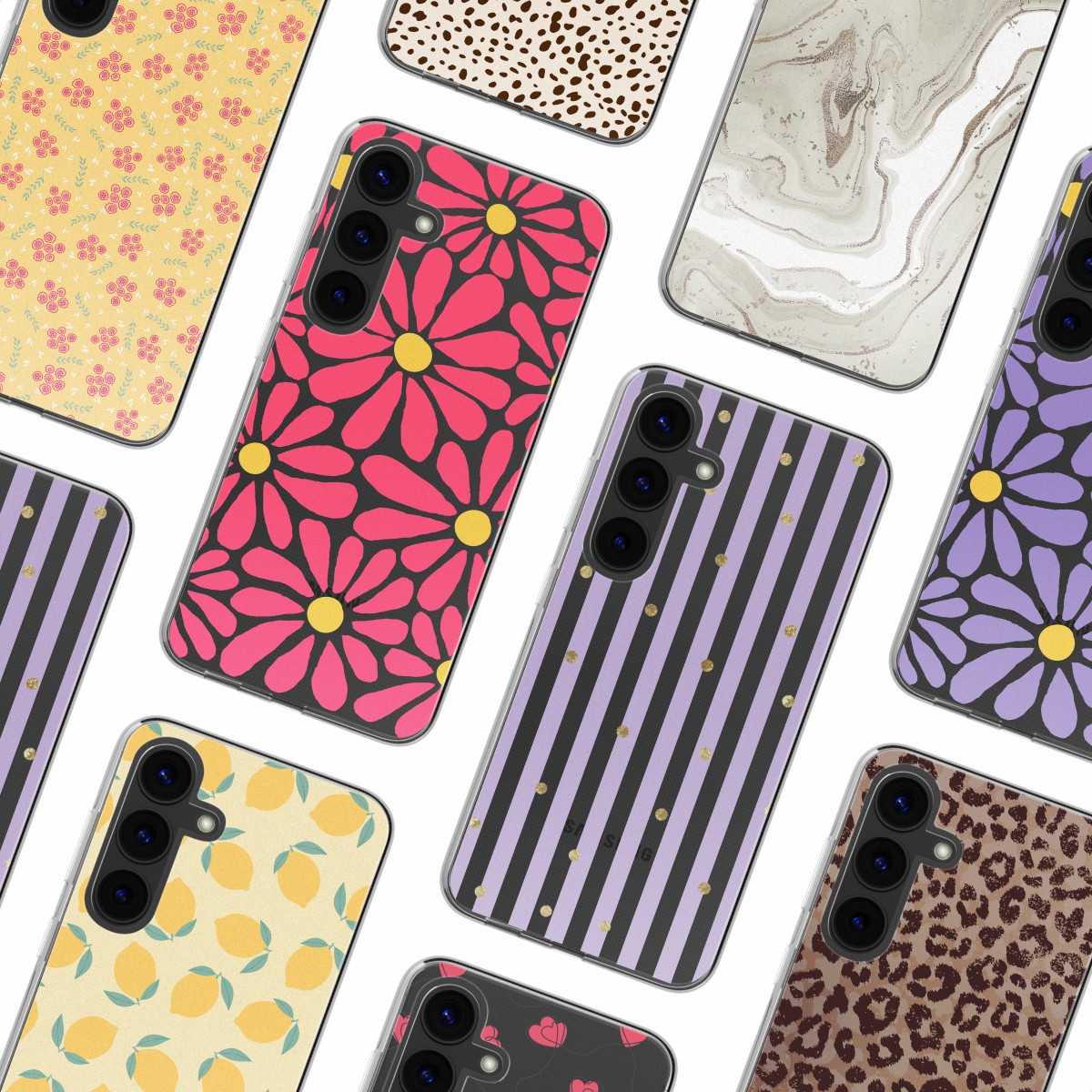 Une collection de coques de téléphone avec divers motifs, dont floral, rayures, pois et imprimé léopard.