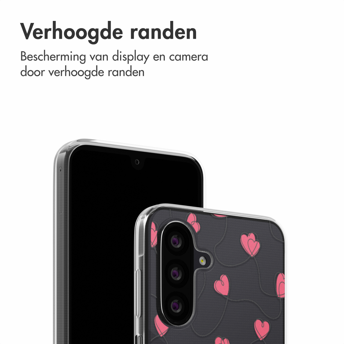 Un téléphone avec un écran noir et une coque avec un fond noir et un motif de cœurs roses. Le texte dit 'bords surélevés'.