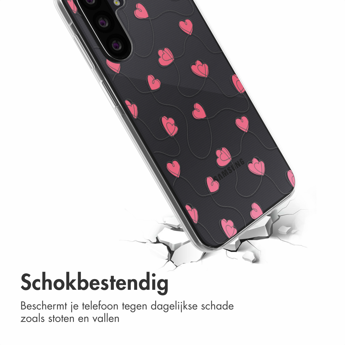 Une coque de téléphone noire avec des cœurs roses sur une surface craquelée, étiquetée 'Samsung'.