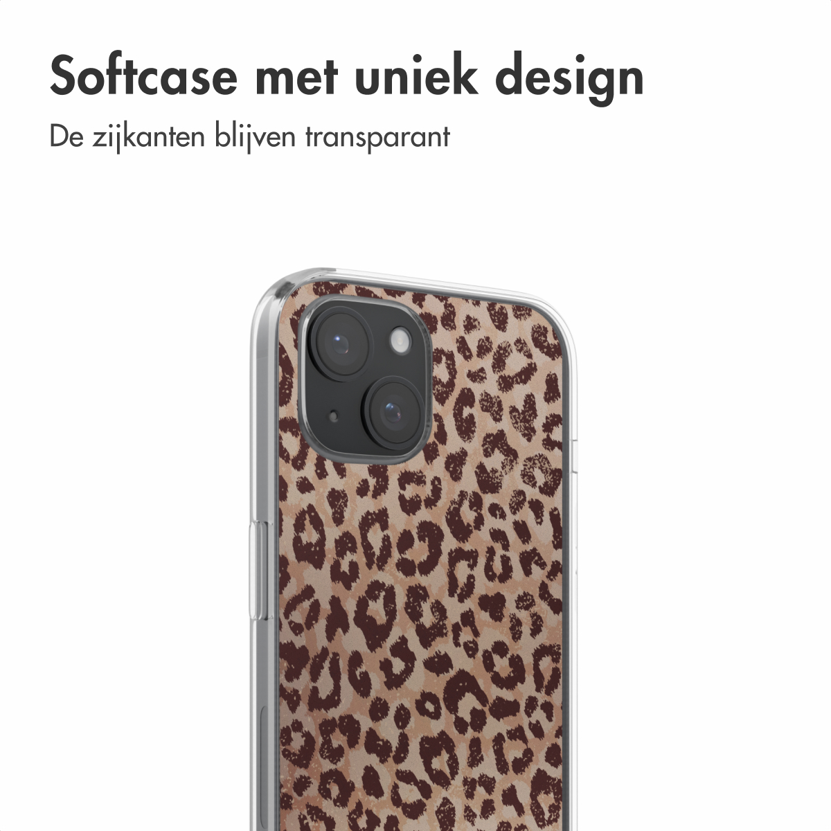 Een telefoon in een luipaardprint hoesje, met een doorzichtige zijkant, op een witte achtergrond. Tekst zegt uniek ontwerp.