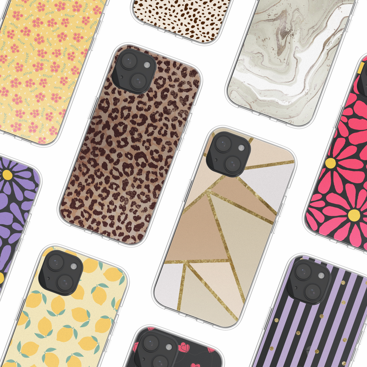 Diverse telefoonhoesjes met verschillende patronen: bloemen, luipaard, marmer en geometrische ontwerpen.
