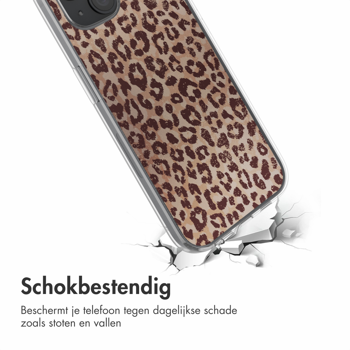 Telefoonhoesje met luipaardprint op een gebarsten oppervlak. Tekst: Schokbestendig.