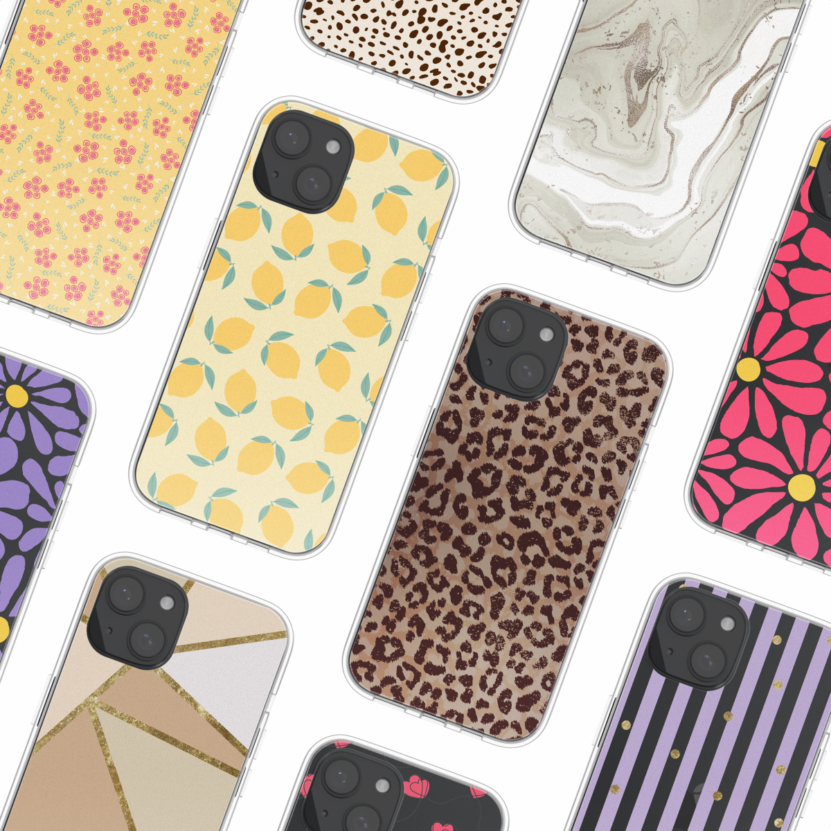 Verschillende telefoonhoesjes met patronen: citroenen, luipaardprint, bloemen en meer.