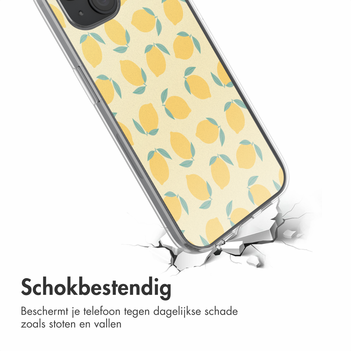 Een telefoonhoesje met een citroenpatroon ligt op een gebarsten oppervlak, de tekst zegt schokbestendig.