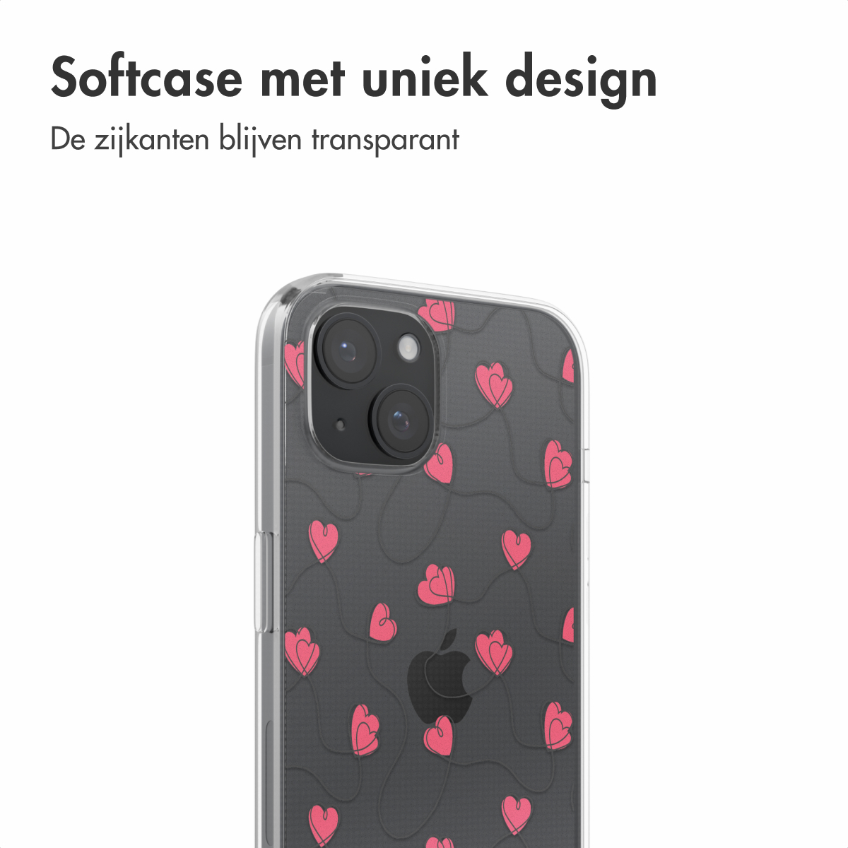 Een transparante telefoonhoes met roze hartjes. De tekst luidt: "Softcase met uniek design".