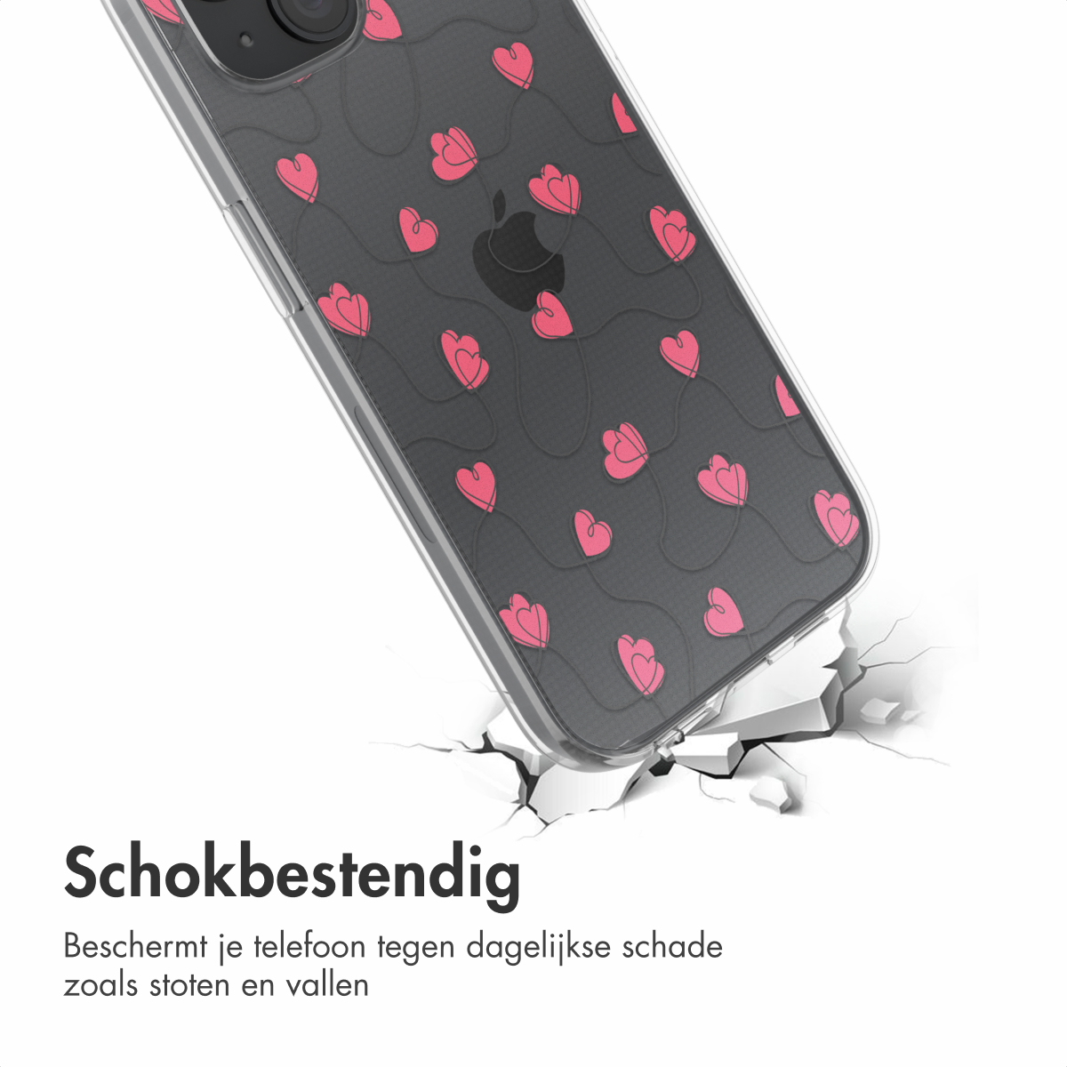 Een telefoonhoesje met een roze bloemenontwerp wordt getoond dat een oppervlak kraakt, met tekst eronder.