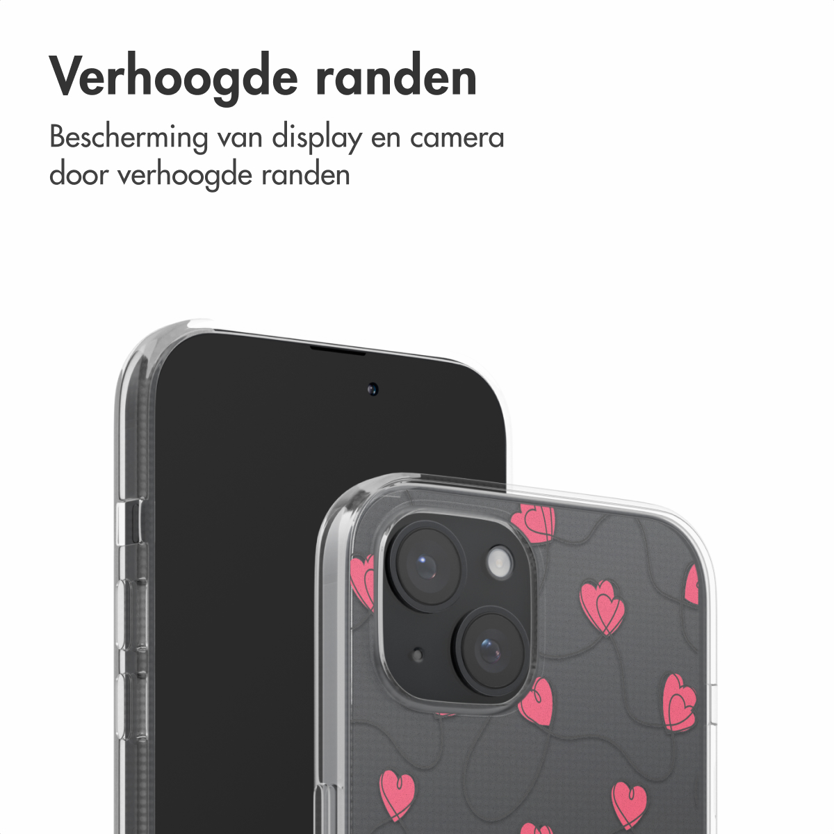 Telefoonhoesje met hartjes op een telefoon. Tekst: 'Verhoogde randen', wat 'Verhoogde randen' betekent.
