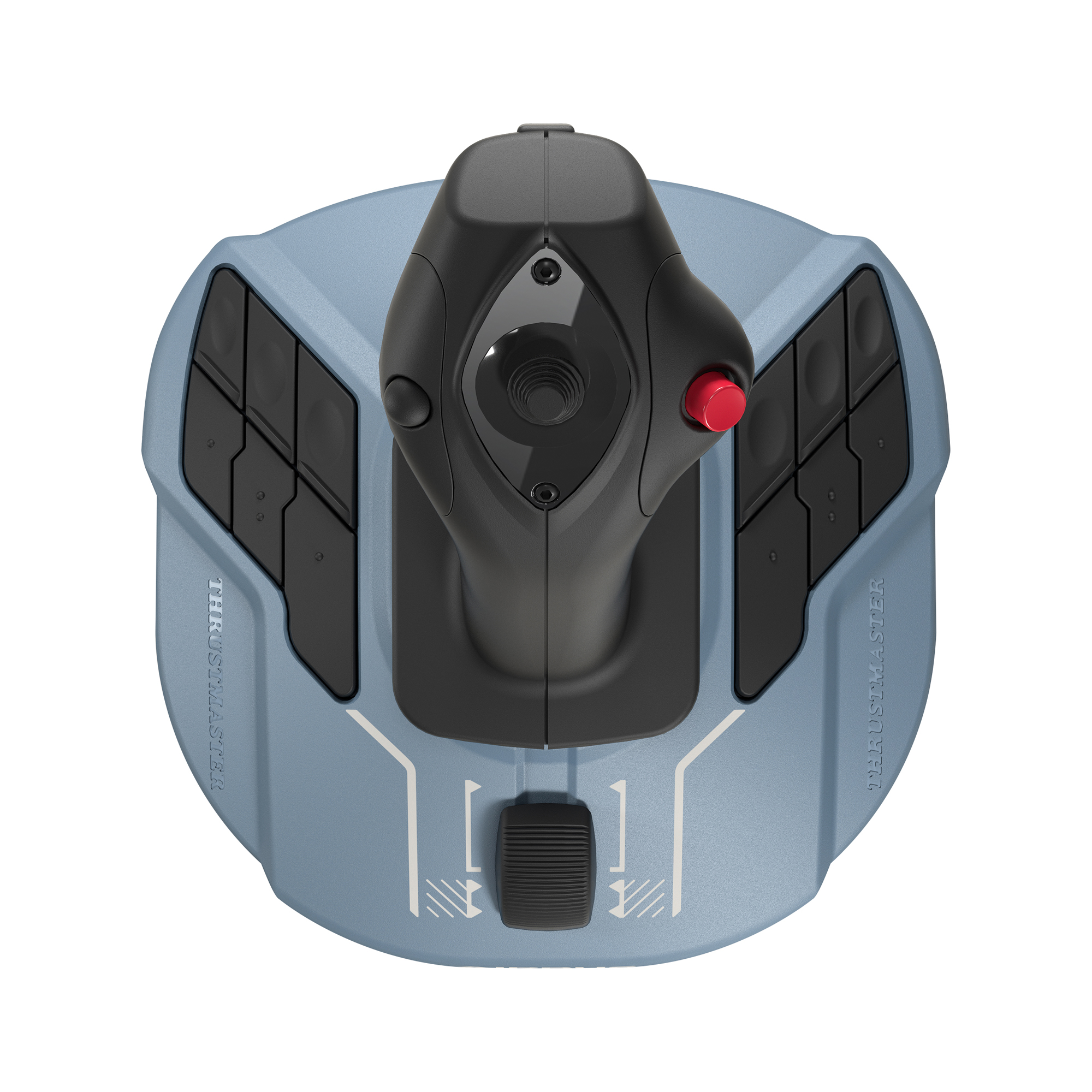 Kontroler joysticka z czarnymi przyciskami i czerwonym przyciskiem, z widocznym logo Thrustmaster.