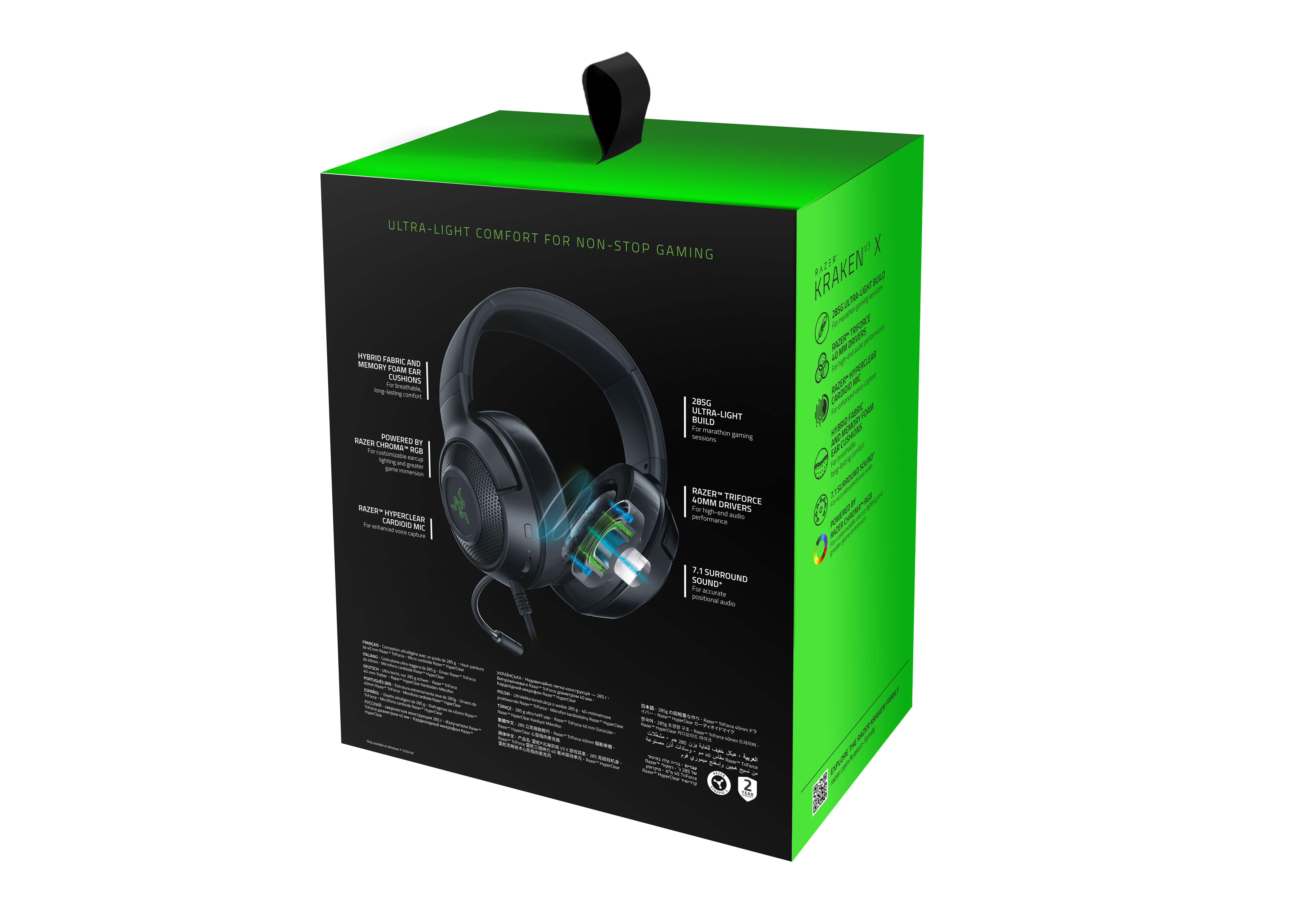 Zielone pudełko słuchawek do gier Razer Kraken X. Czarne słuchawki pokazano na pudełku.