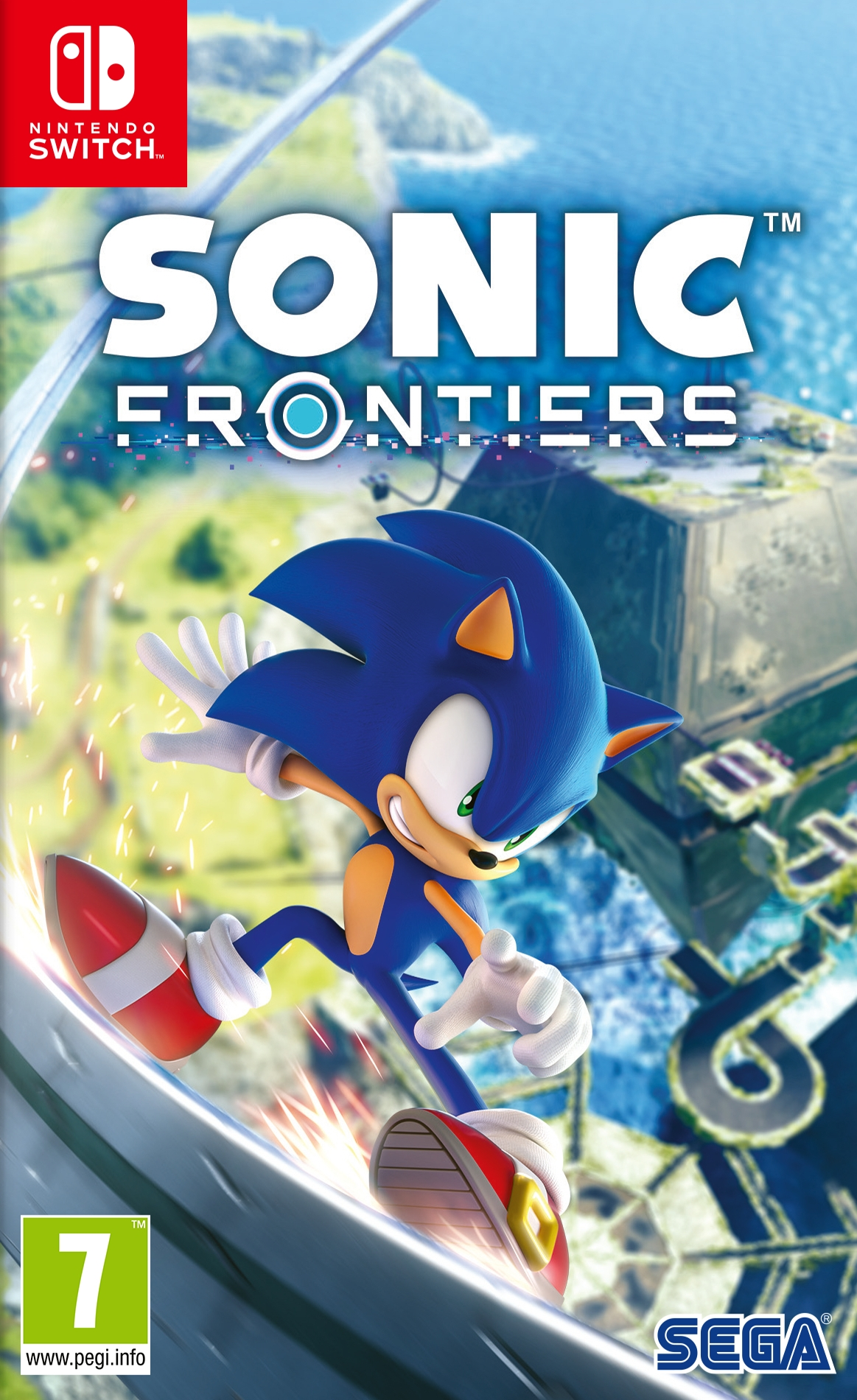Box art voor Sonic Frontiers, met Sonic die door een futuristisch landschap rent.
