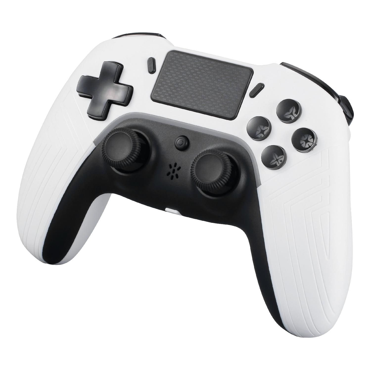 A white and black game controller with buttons and joysticks is displayed.