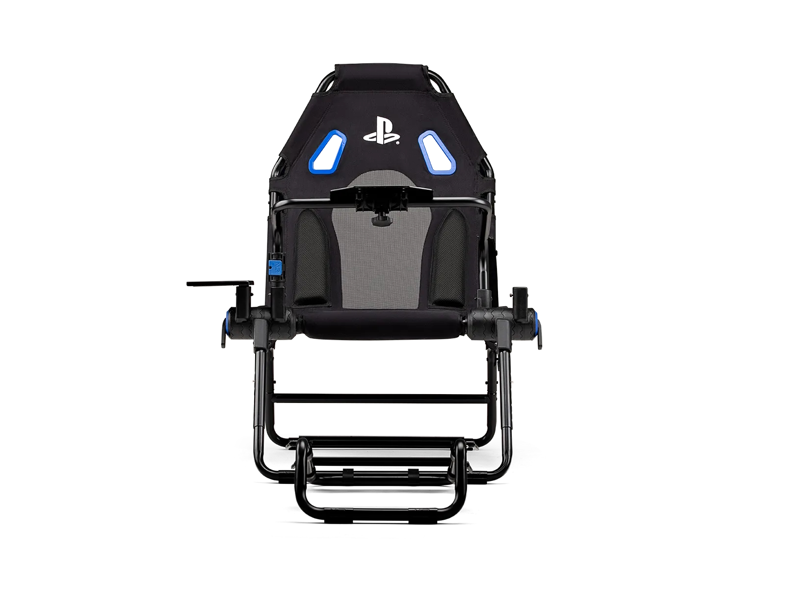 Sedia gaming nera con logo PlayStation, dettagli blu, telaio nero, sfondo bianco.