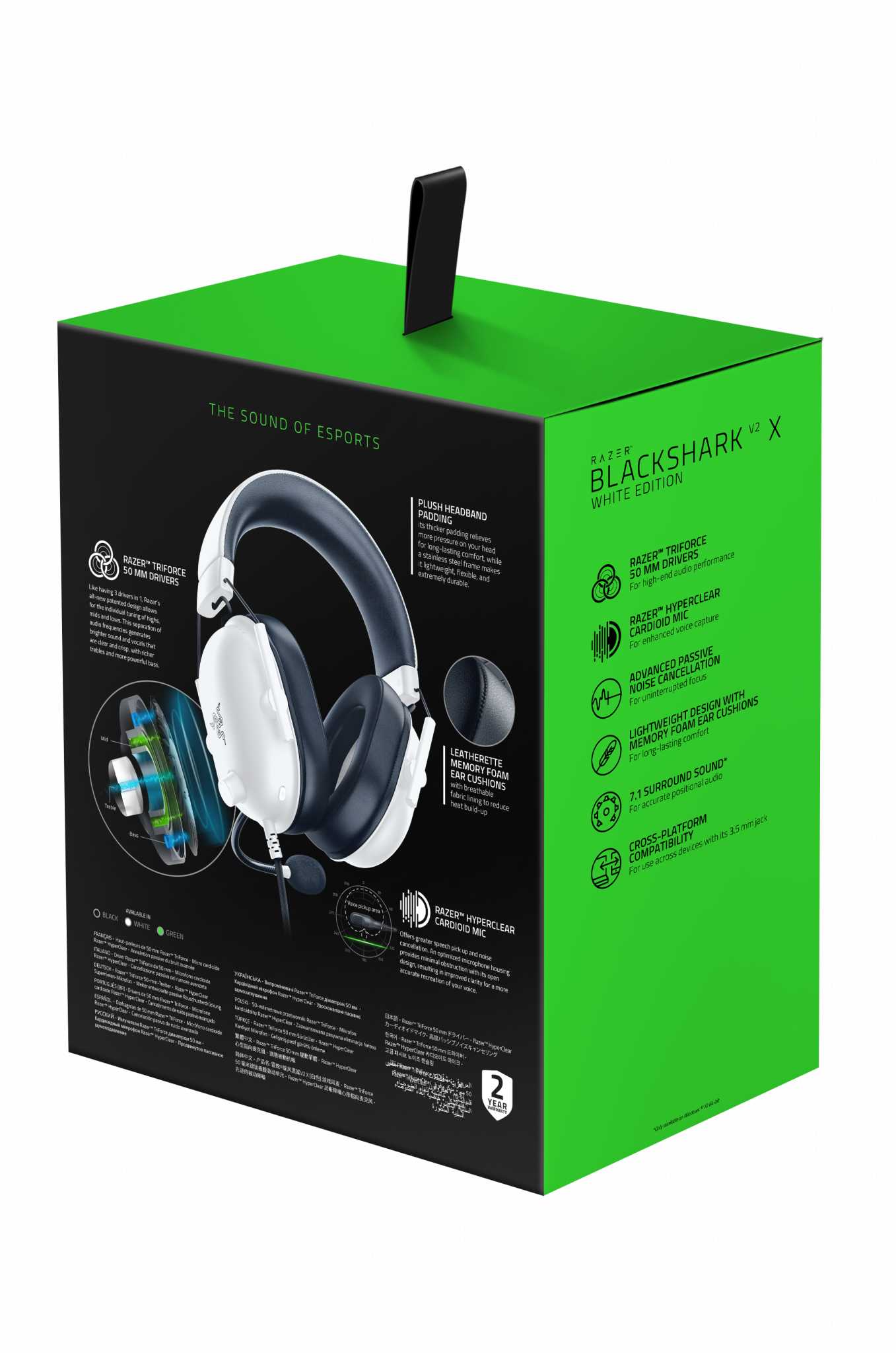 Czarno-zielone pudełko z ilustracją zestawu słuchawkowego, z napisem 'Blackshark V2 X White Edition'.