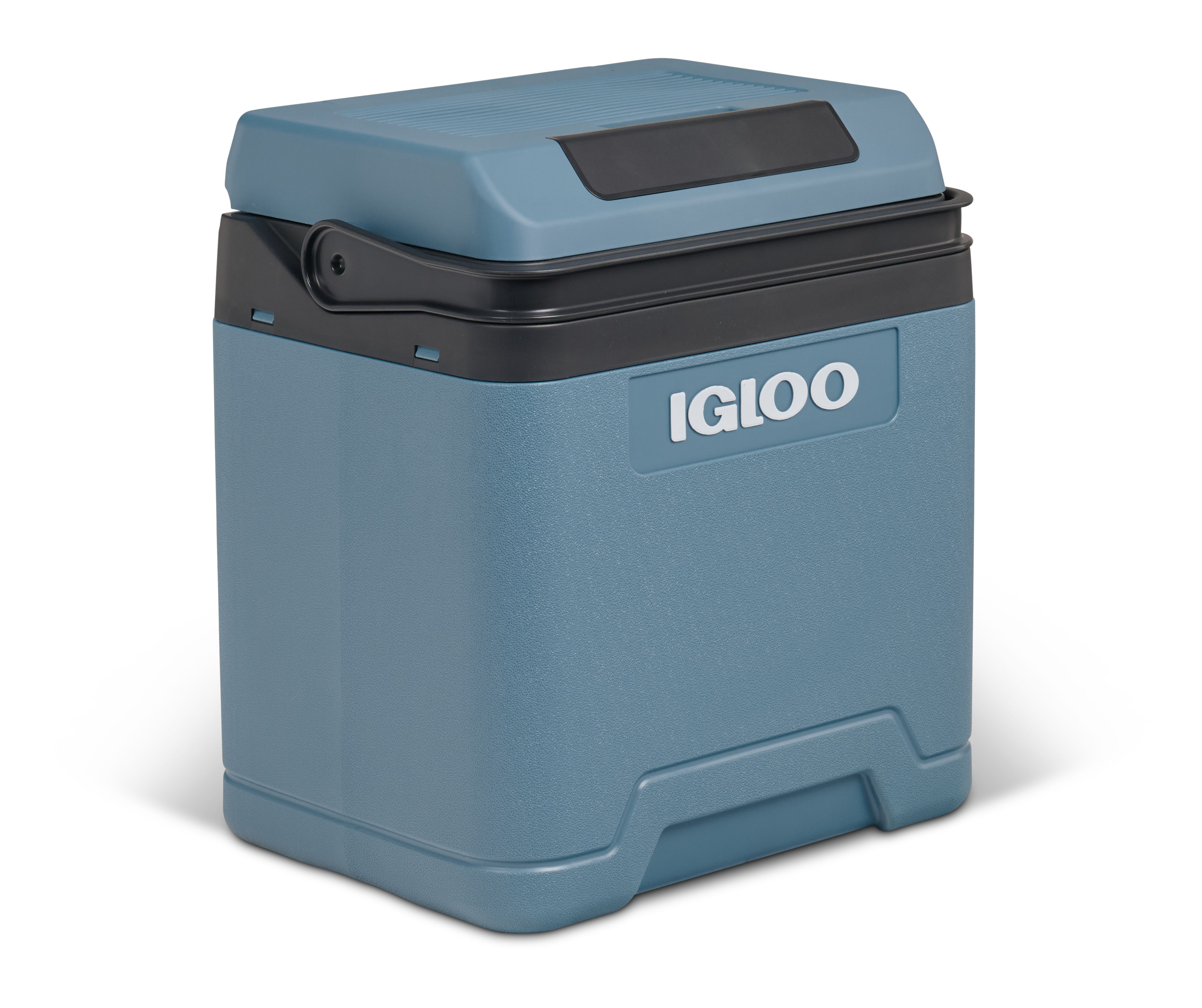 Blauer Igloo-Kühler auf weißer Oberfläche, Nahaufnahme.