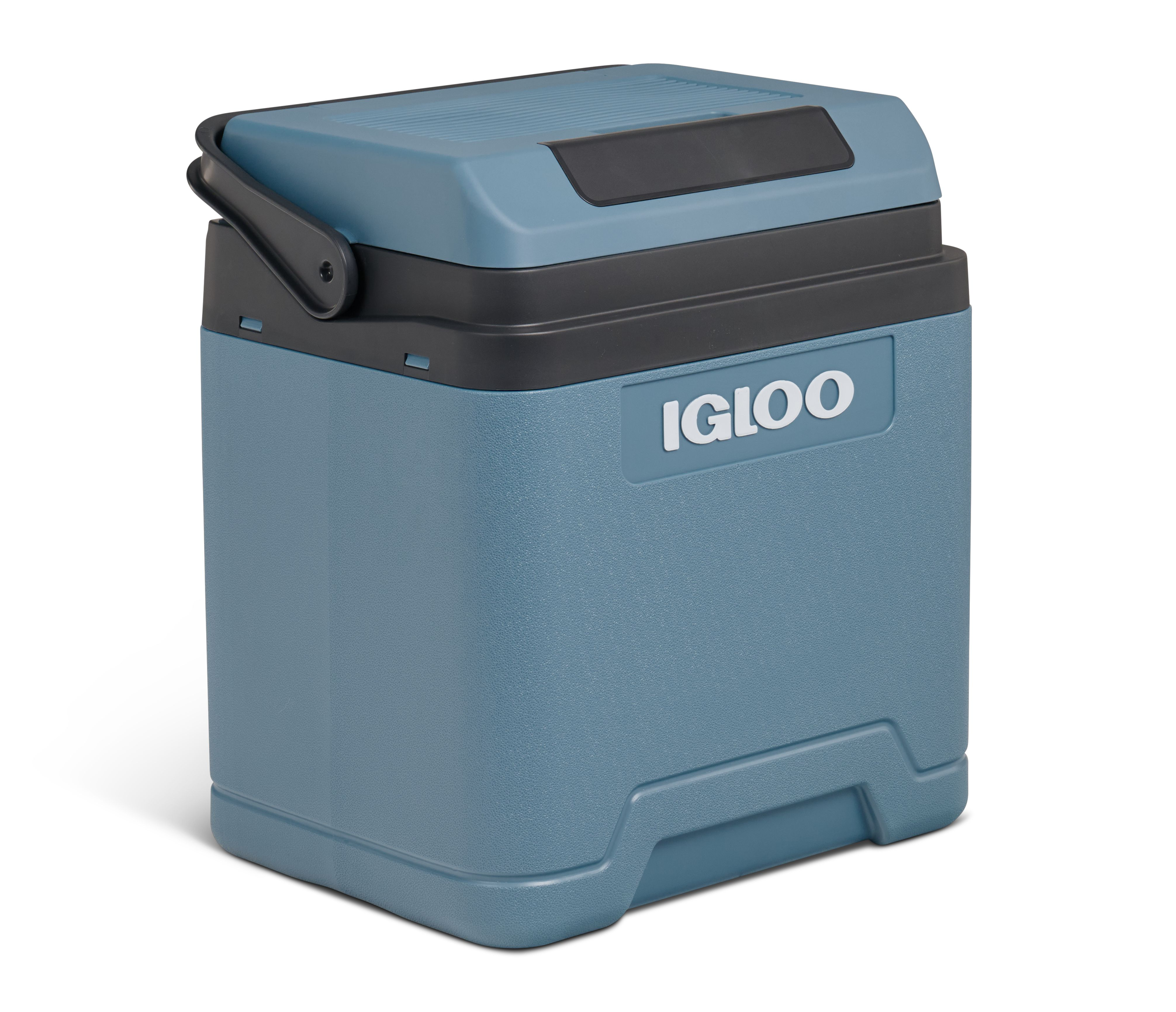 Blauer und schwarzer Igloo-Kühler auf weißem Hintergrund.