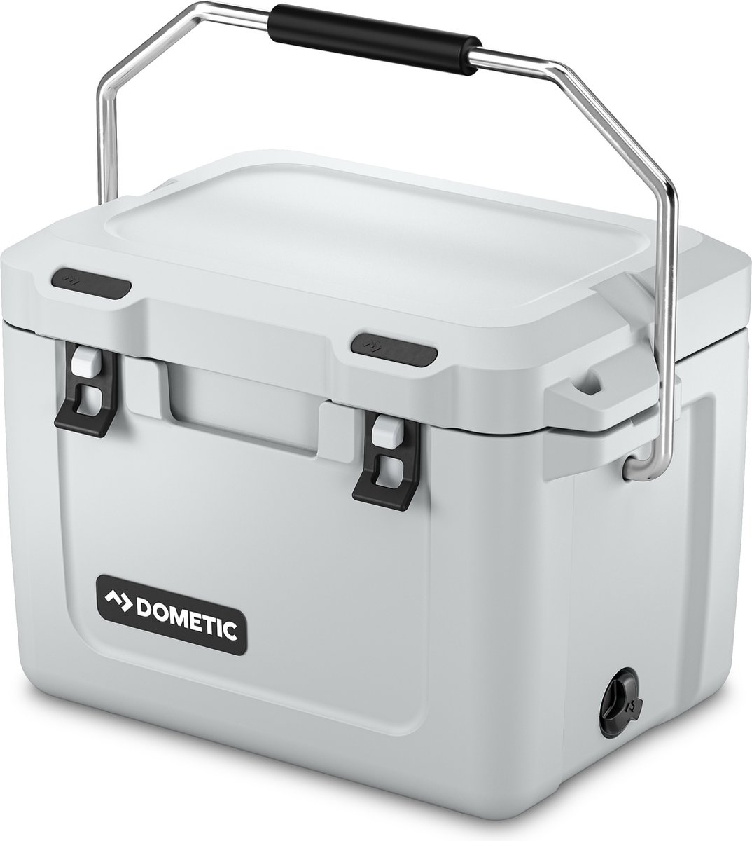 Witte en grijze koeler met handvat. Zwarte sluitingen en Dometic-logo. Witte achtergrond.