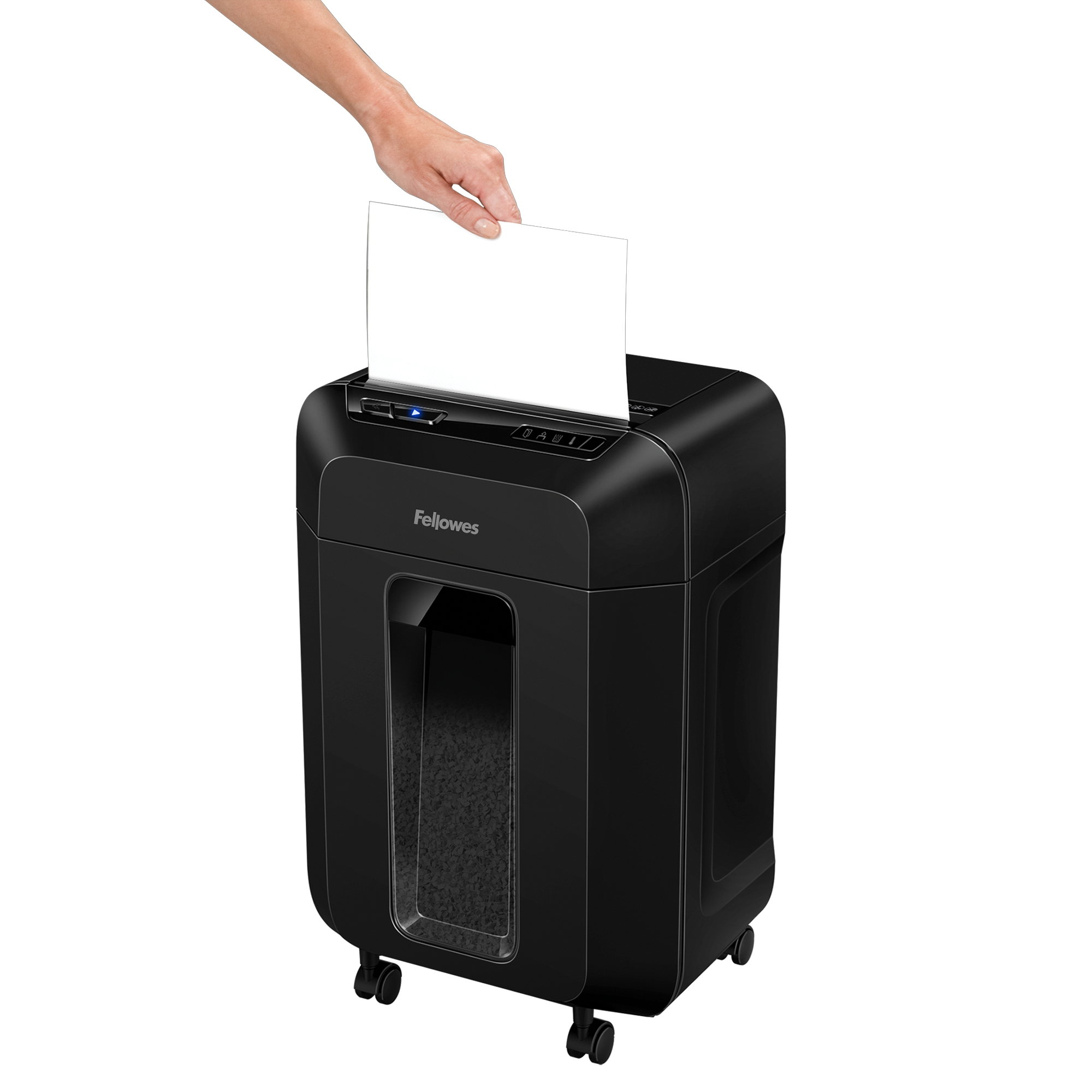 Black paper shredder with a hand inserting paper into the slot.