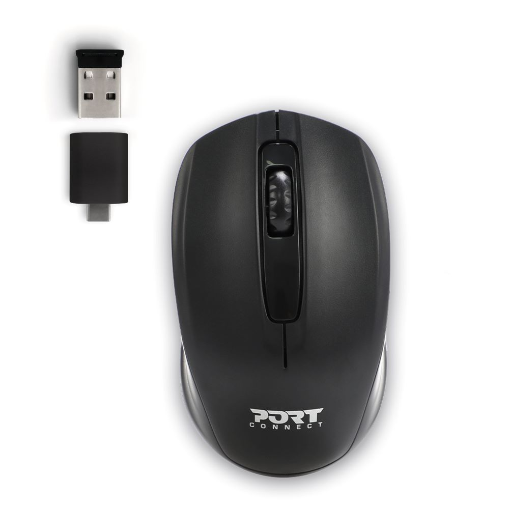 Mouse wireless nero con ricevitore USB e porta di ricarica a sinistra. Visibile il marchio 'PORT CONNECT'.