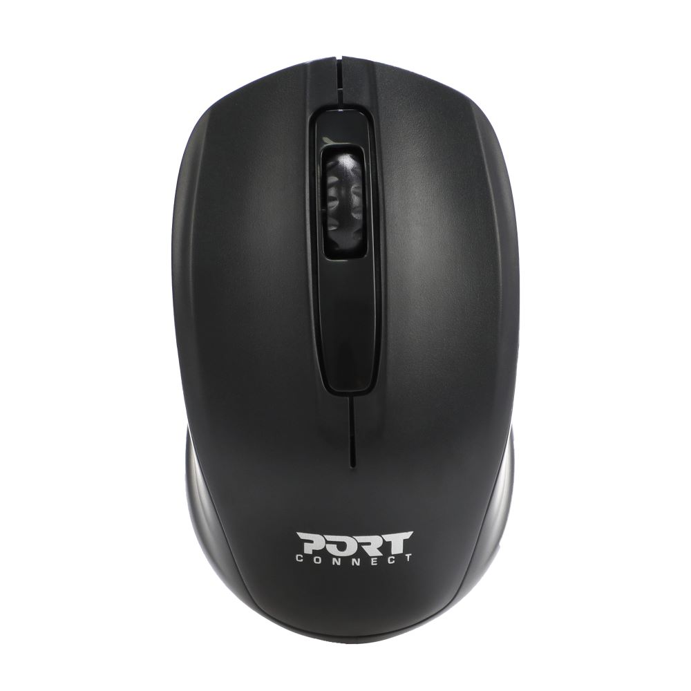 Un mouse per computer nero con una rotellina e il logo 'PORT CONNECT' su sfondo bianco.