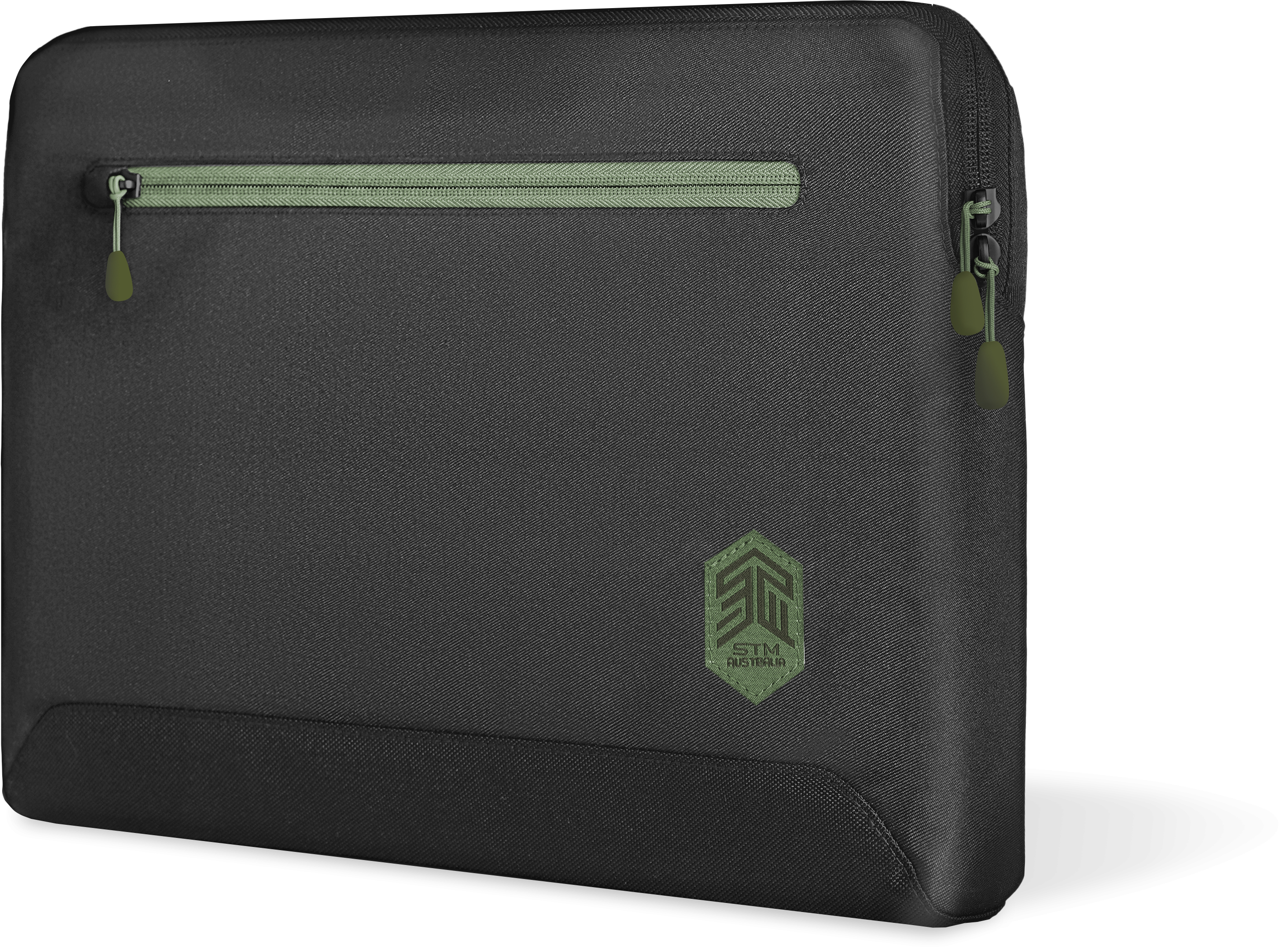 Black laptop sleeve with a green zipper. The STM logo is visible on the front of the sleeve.