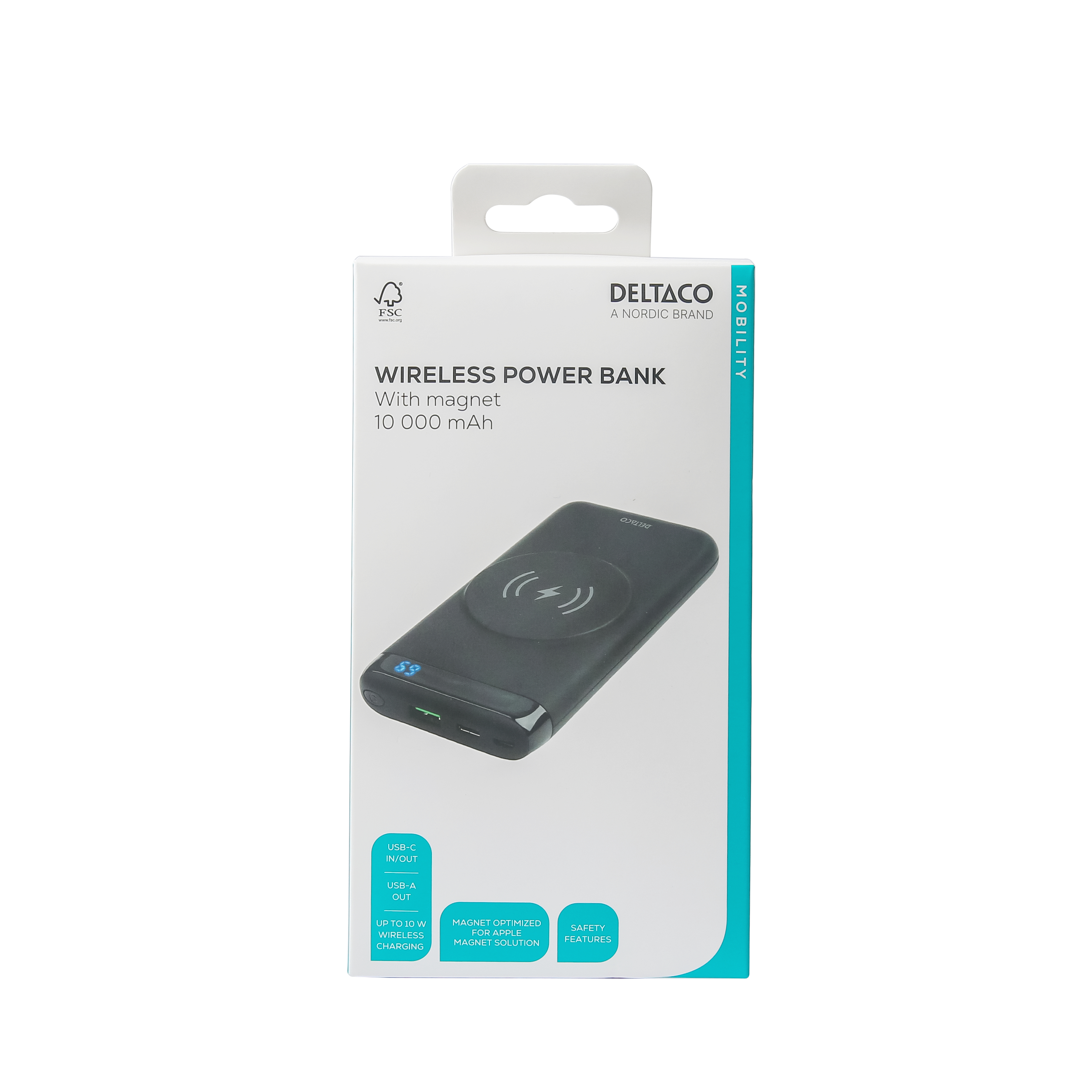 Power bank wireless in scatola con indicatore di ricarica. Il prodotto è nero con dettagli bianchi e turchini.