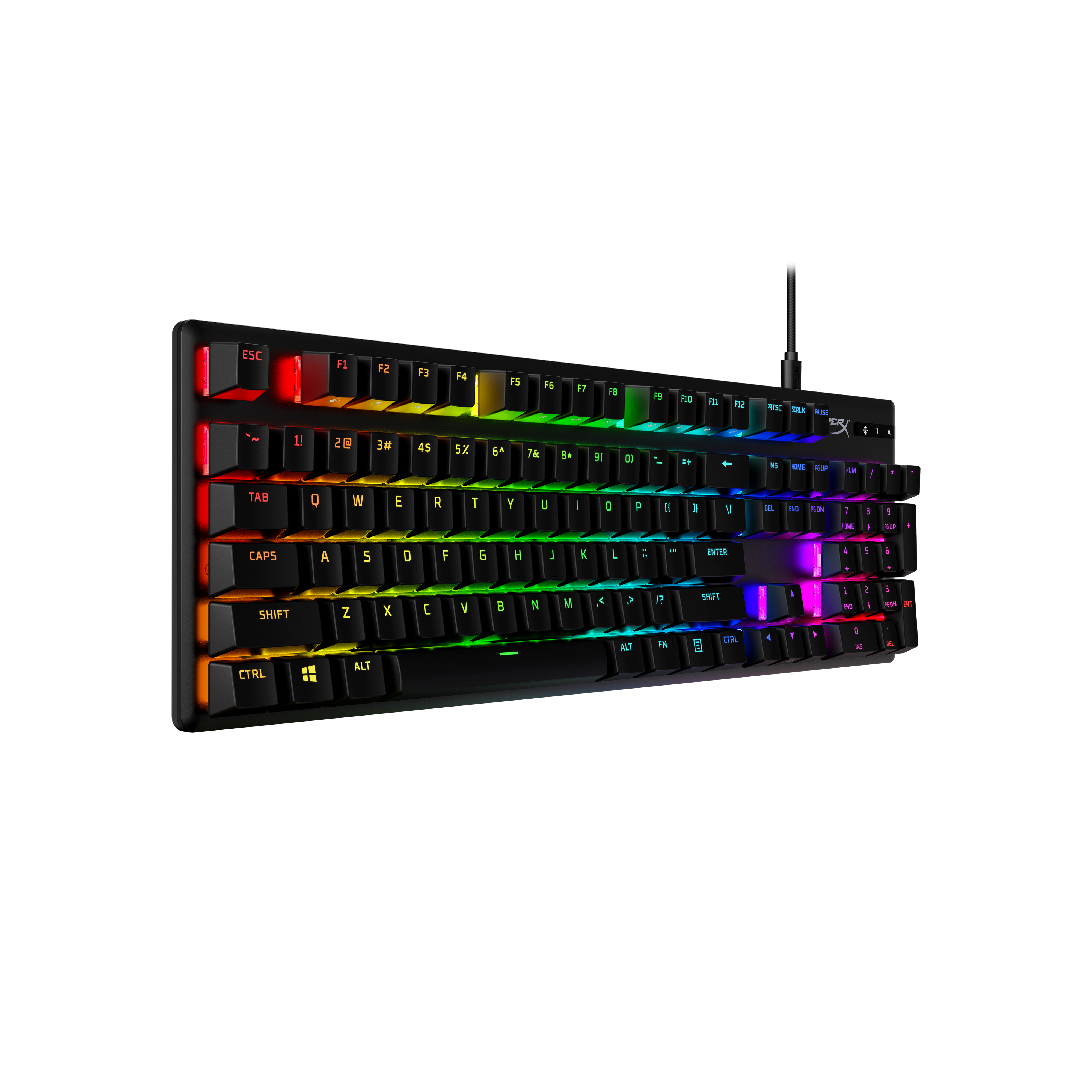 Tastiera nera retroilluminata con molti tasti. LED multicolore. Sfondo bianco.