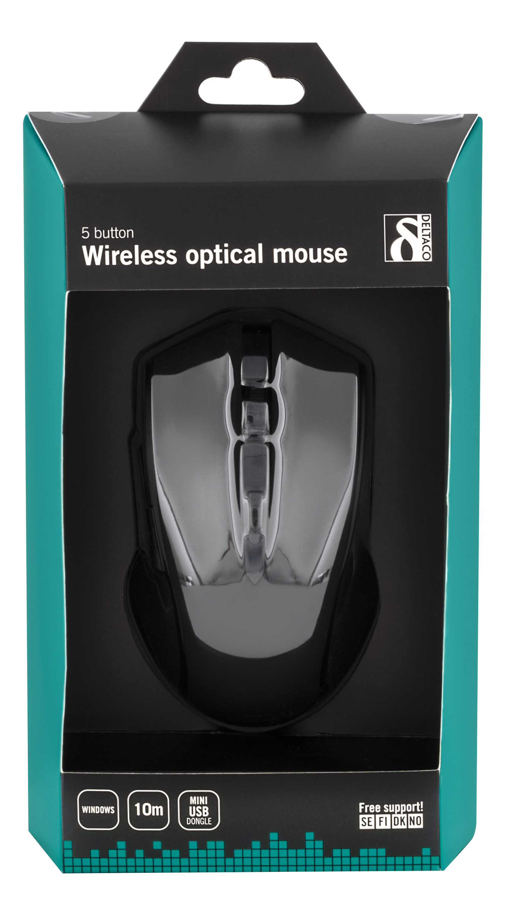 Een zwarte en zilveren draadloze optische muis in een doos met een teal achtergrond.