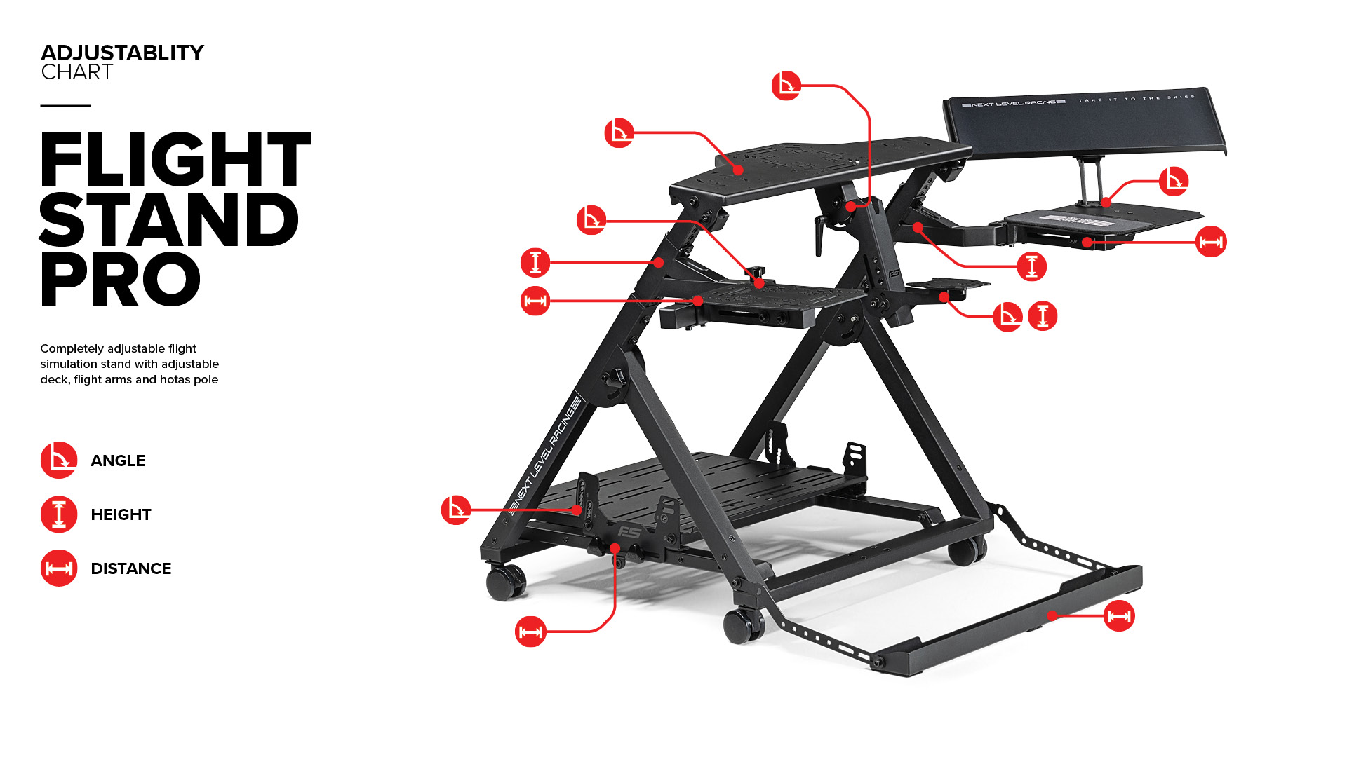 Flight Stand Pro negro, soporte de simulación de vuelo, con anotaciones de ángulo, altura y distancia.