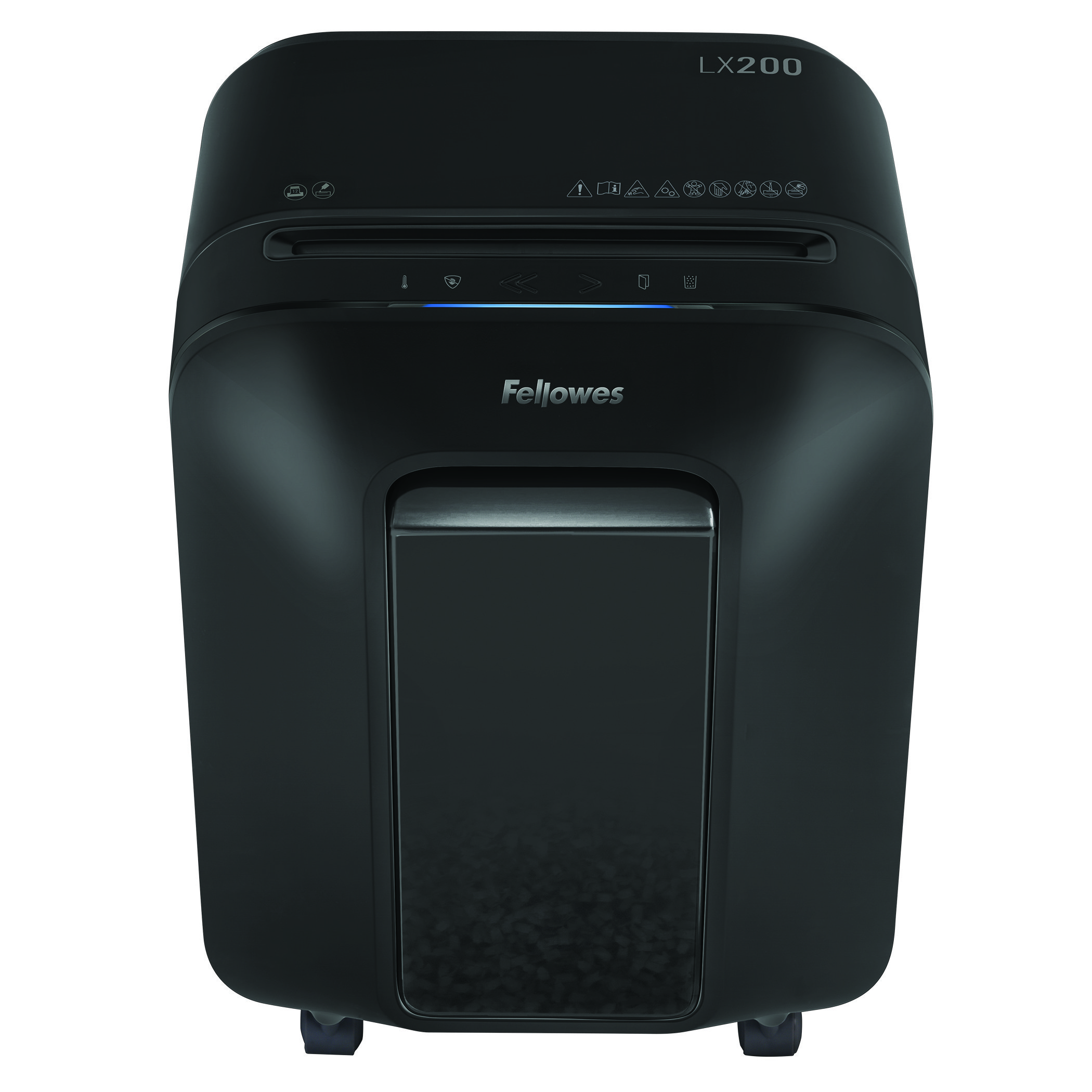 Czarna niszczarka Fellowes LX200, widok z góry.