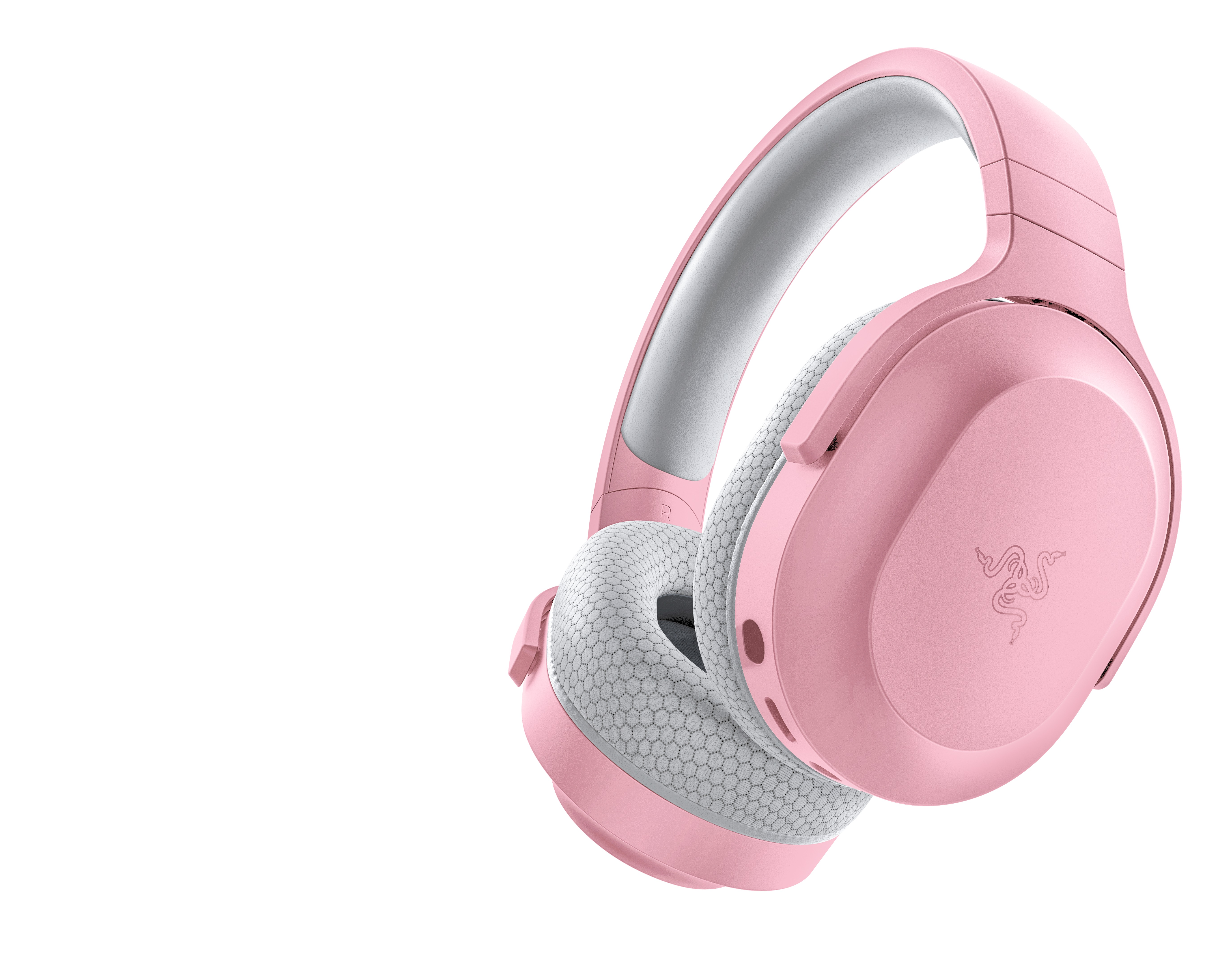 Różowe słuchawki gamingowe Razer z białym i szarym wnętrzem nauszników i logo Razer.