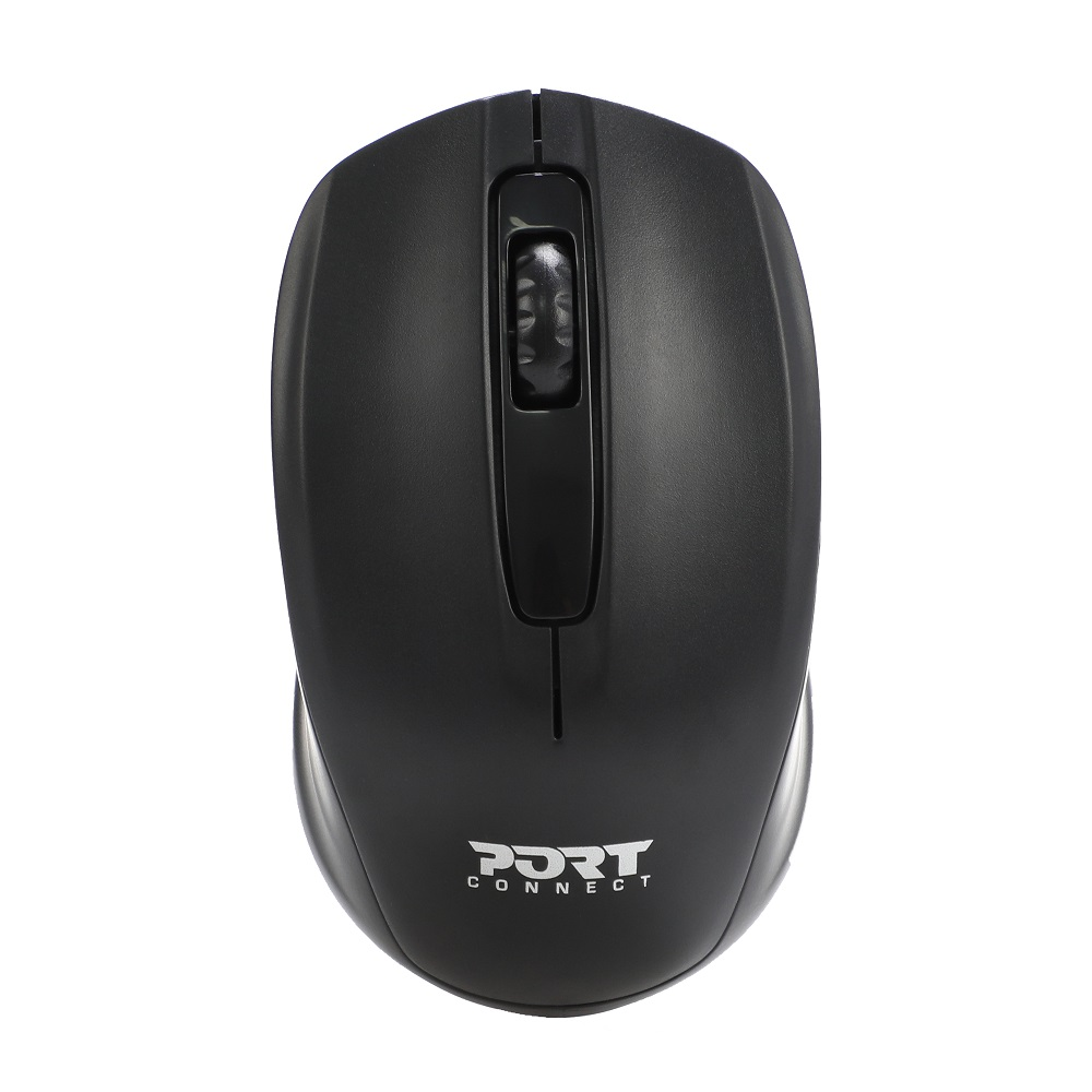 Mouse per computer nero con rotella di scorrimento. Il marchio 'PORT CONNECT' è visibile.