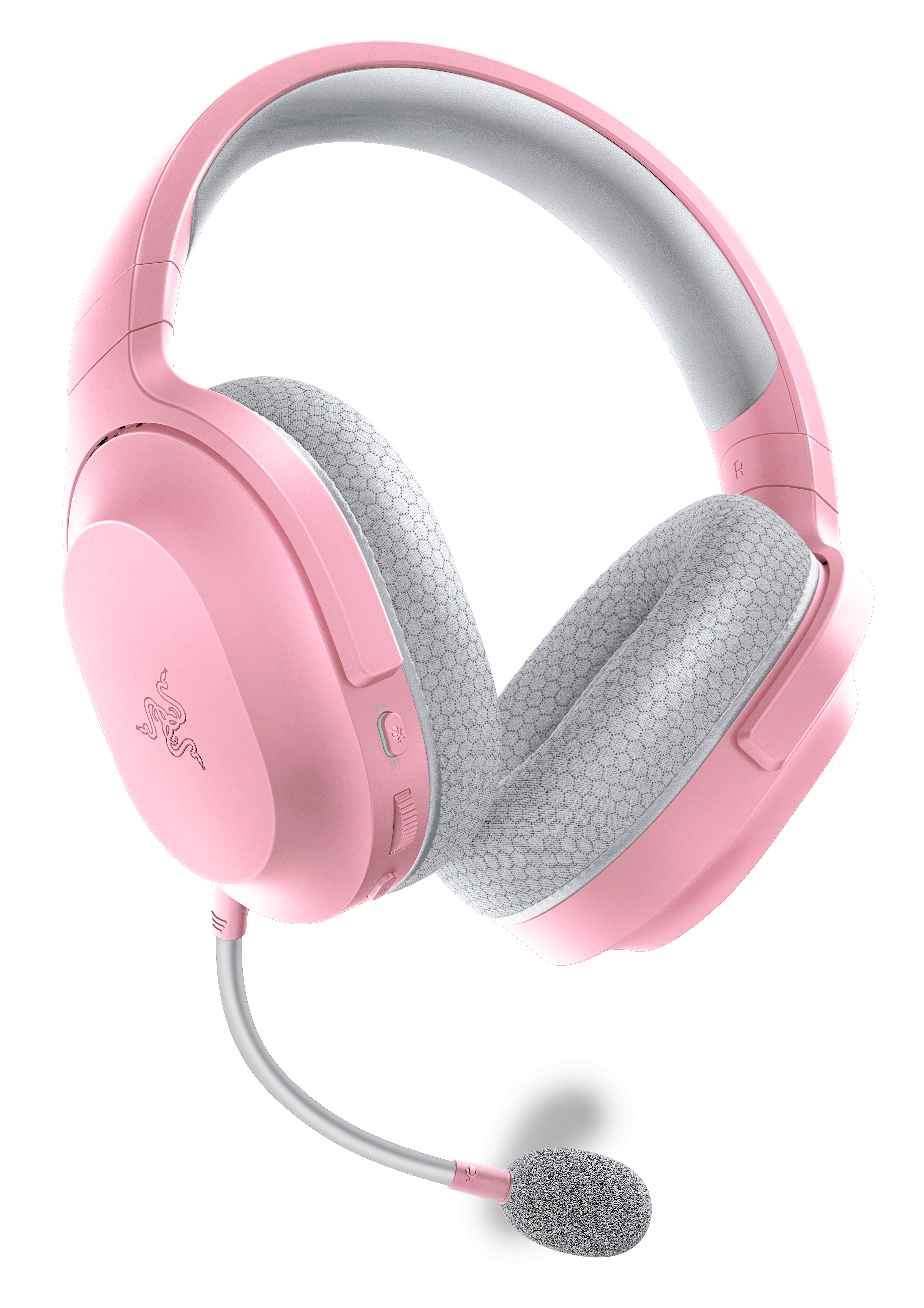 Różowe słuchawki dla graczy z mikrofonem na białym tle.