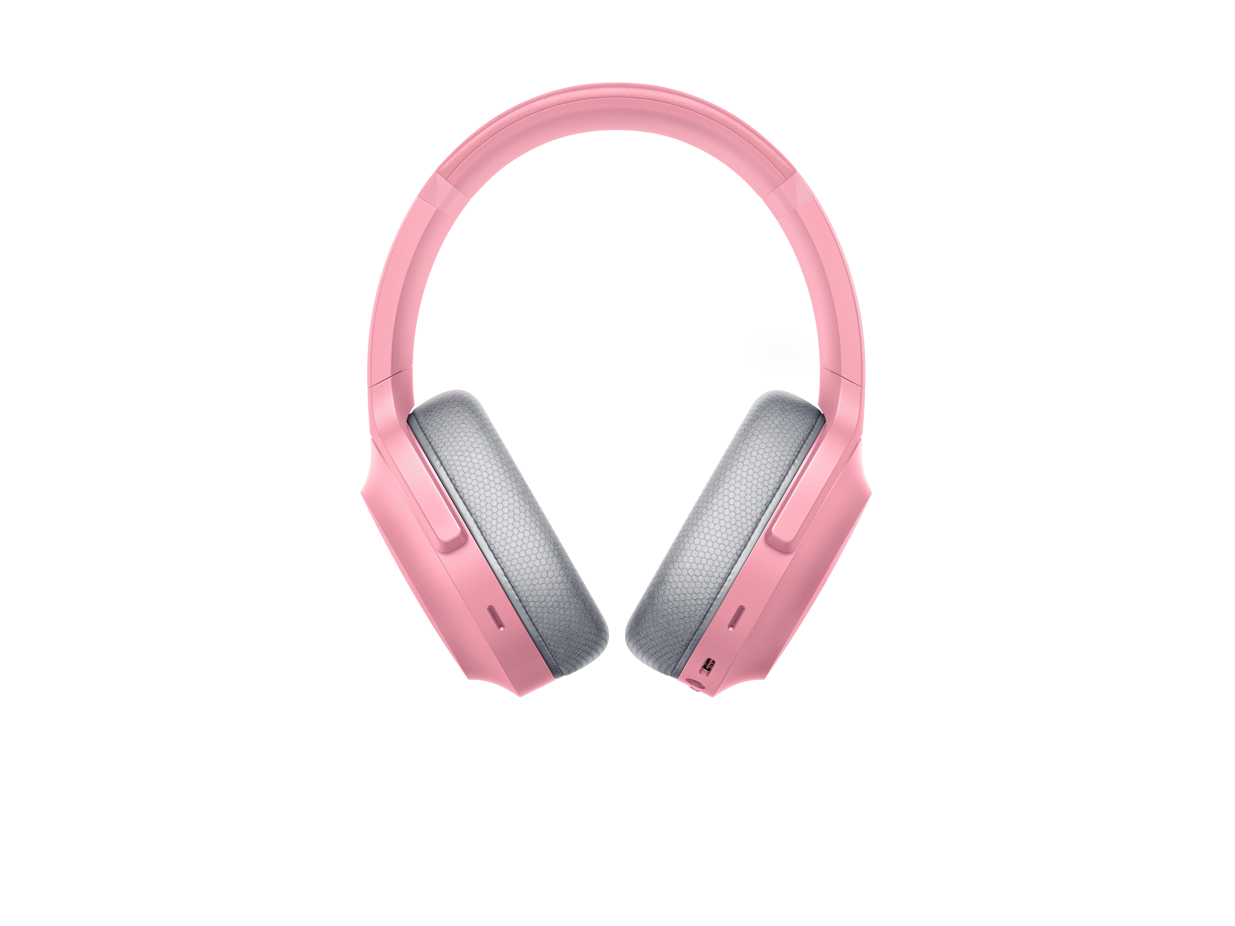 Roze hoofdtelefoon met grijze oorschelpen, van bovenaf gezien, geïsoleerd.