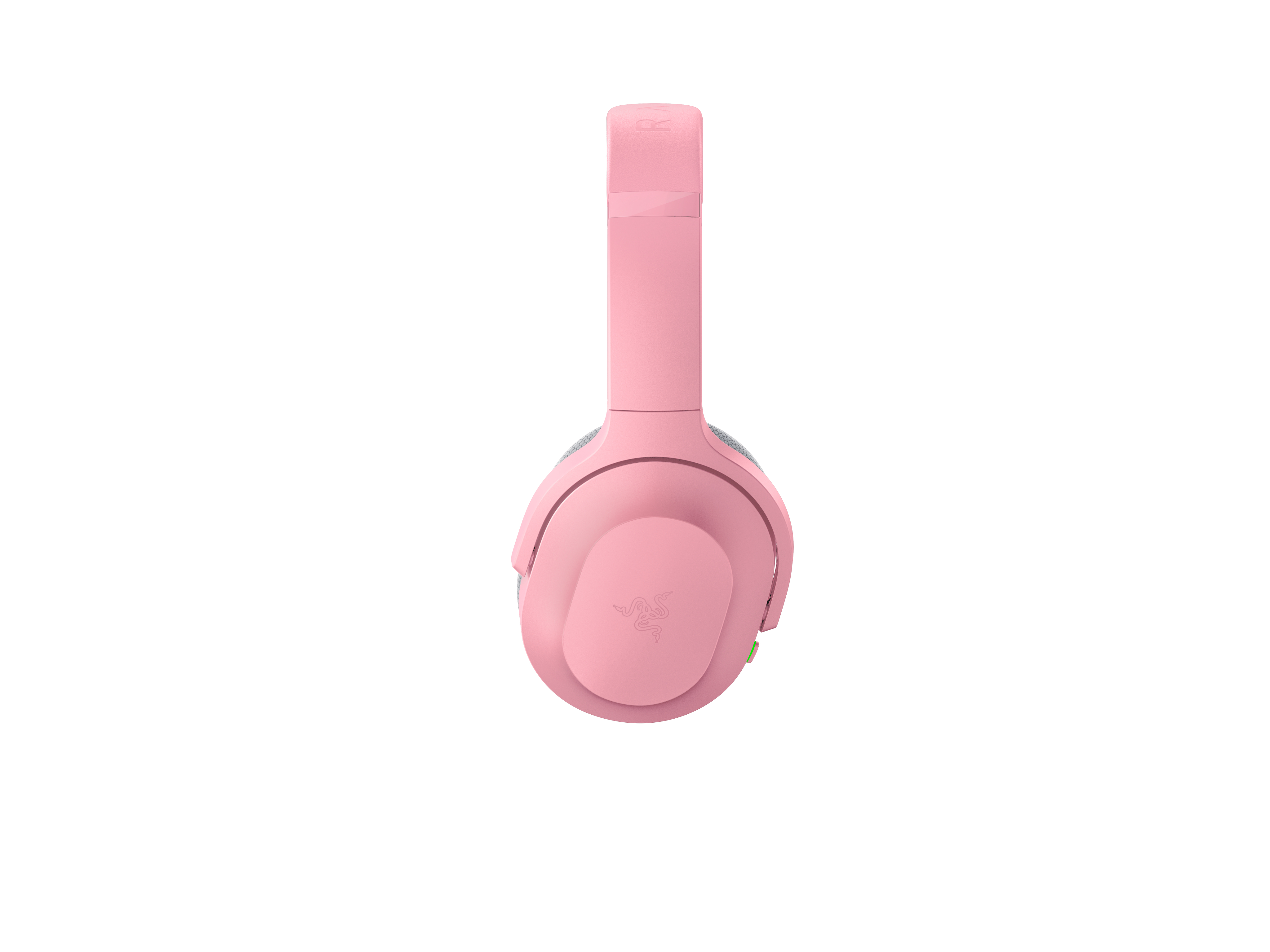 Roze draadloze koptelefoon op een witte achtergrond. Razer-logo is zichtbaar op de oorschelp.