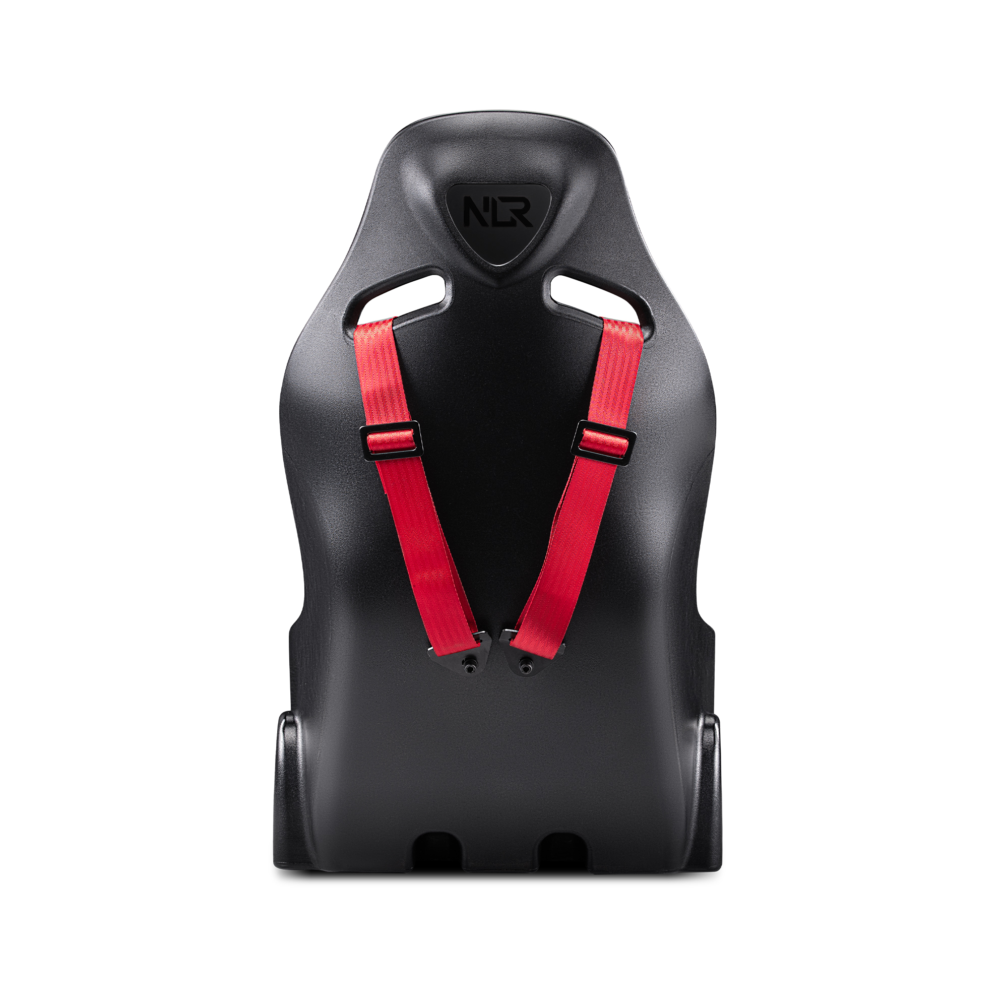 Asiento de carreras negro con correas rojas, visto desde atrás. El asiento tiene una forma contorneada.