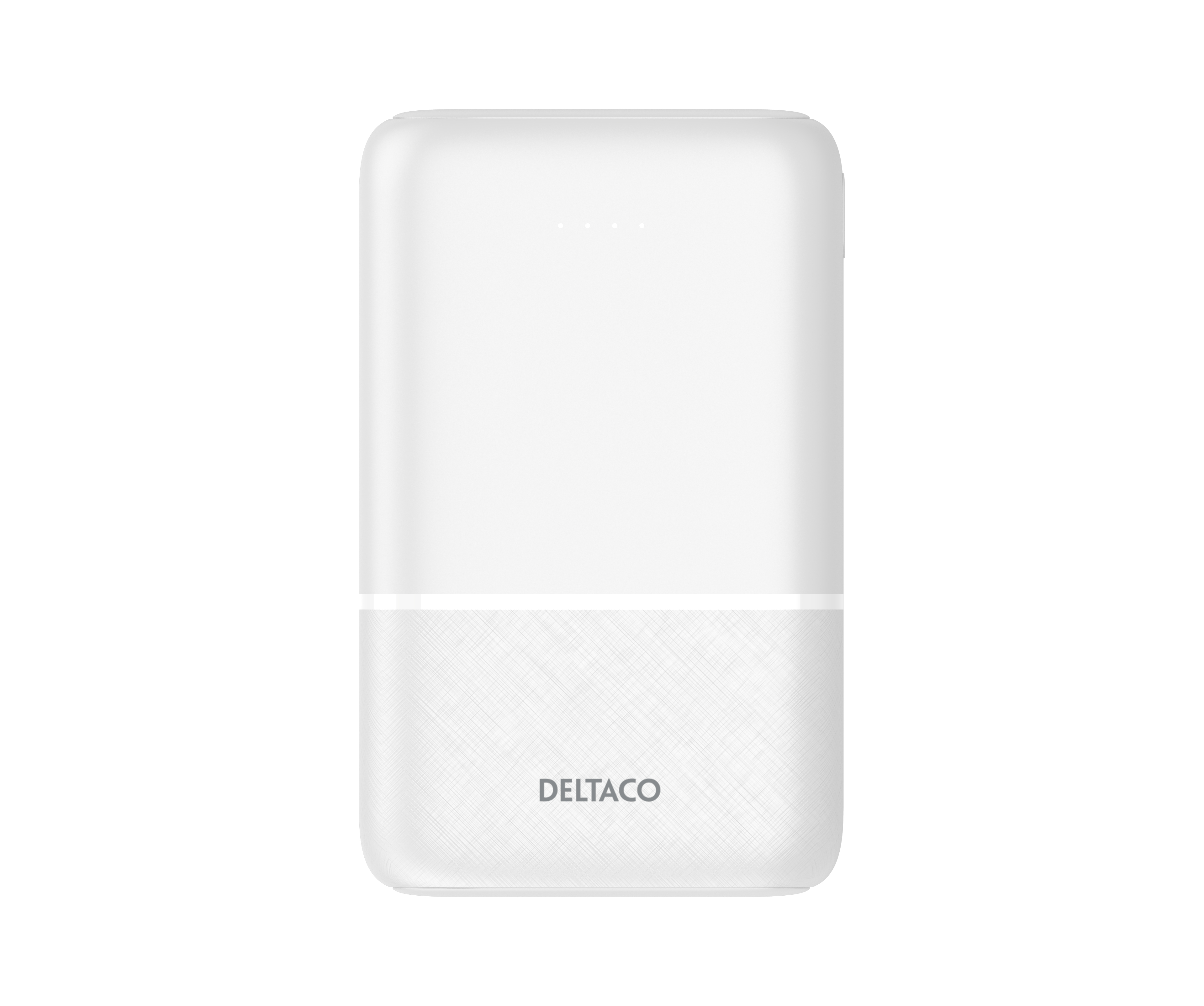 Power bank bianco con logo Deltaco in basso. Quattro punti in alto.