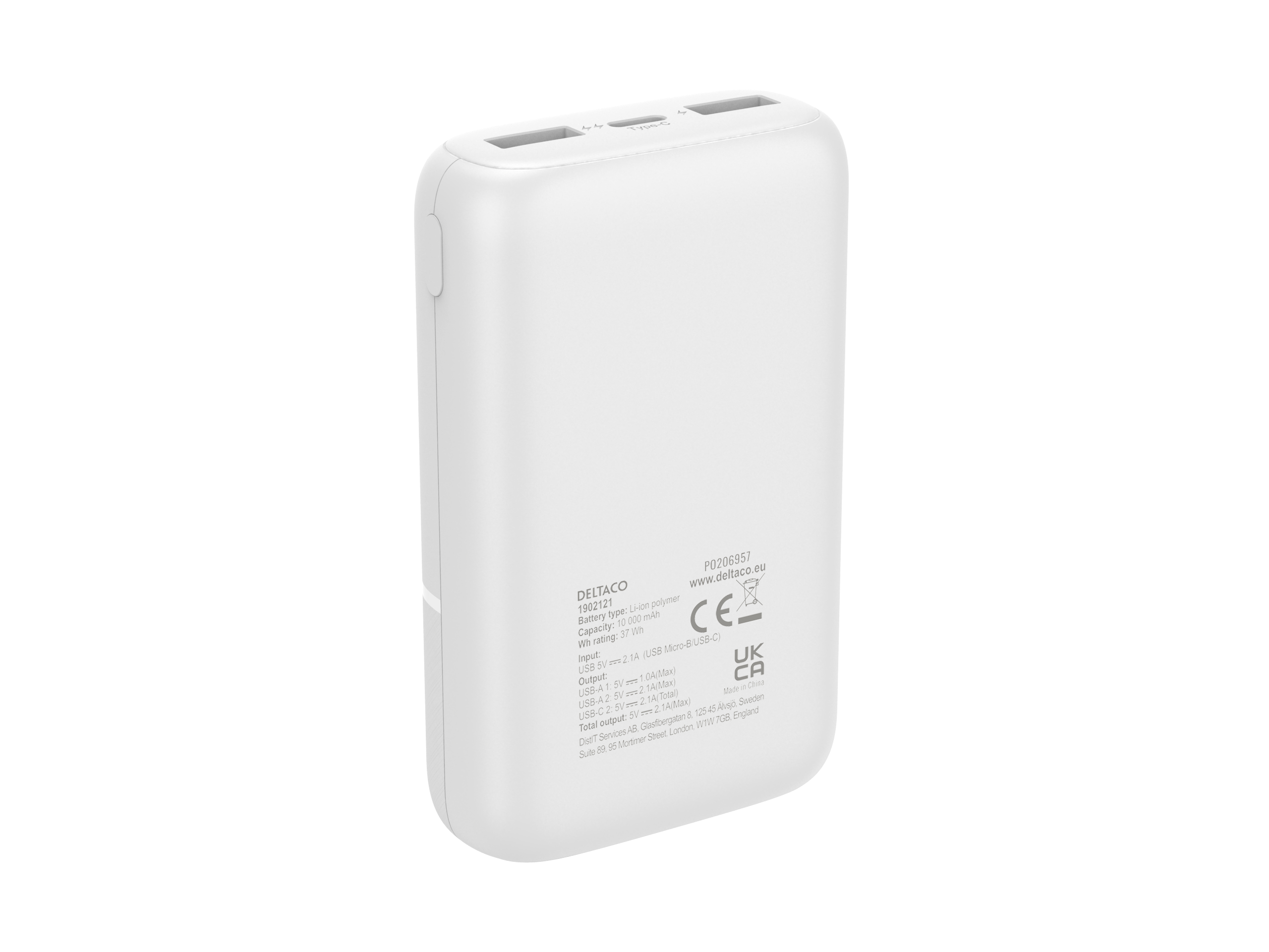 Un power bank bianco con due porte USB. Il testo dettaglia le specifiche.
