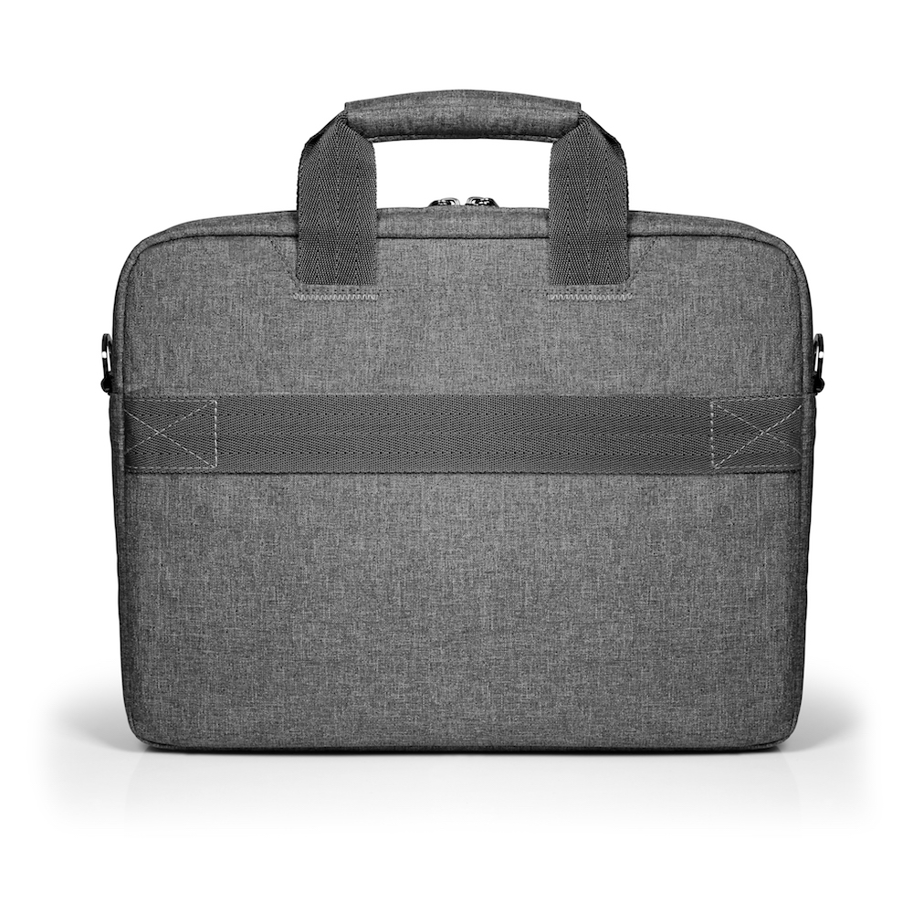 Graue Laptoptasche mit Henkel und Gurt. Weißer Hintergrund. Schlichtes und sauberes Design.