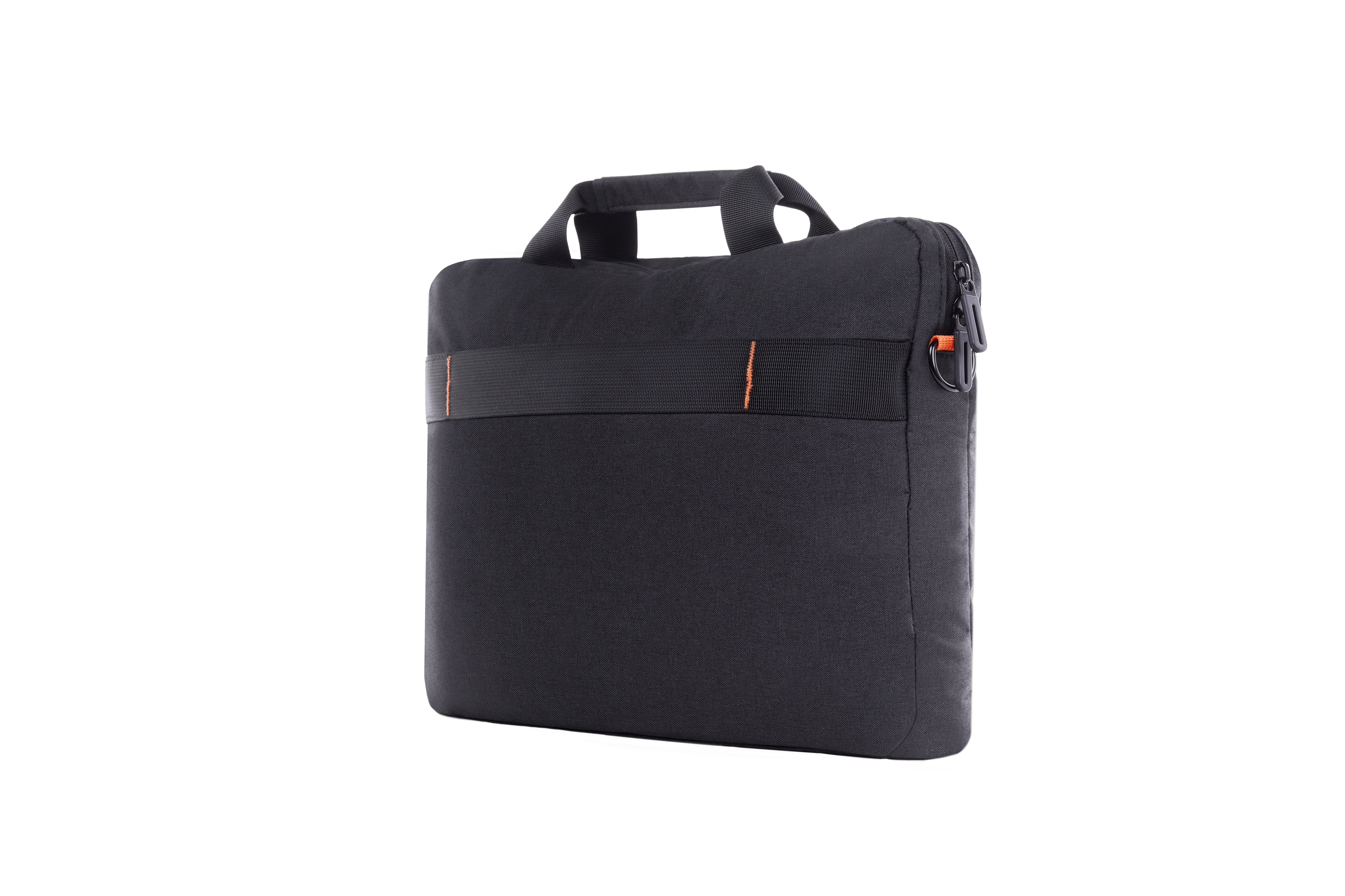 A black laptop bag with a handle and an orange stripe. It's against a white background.