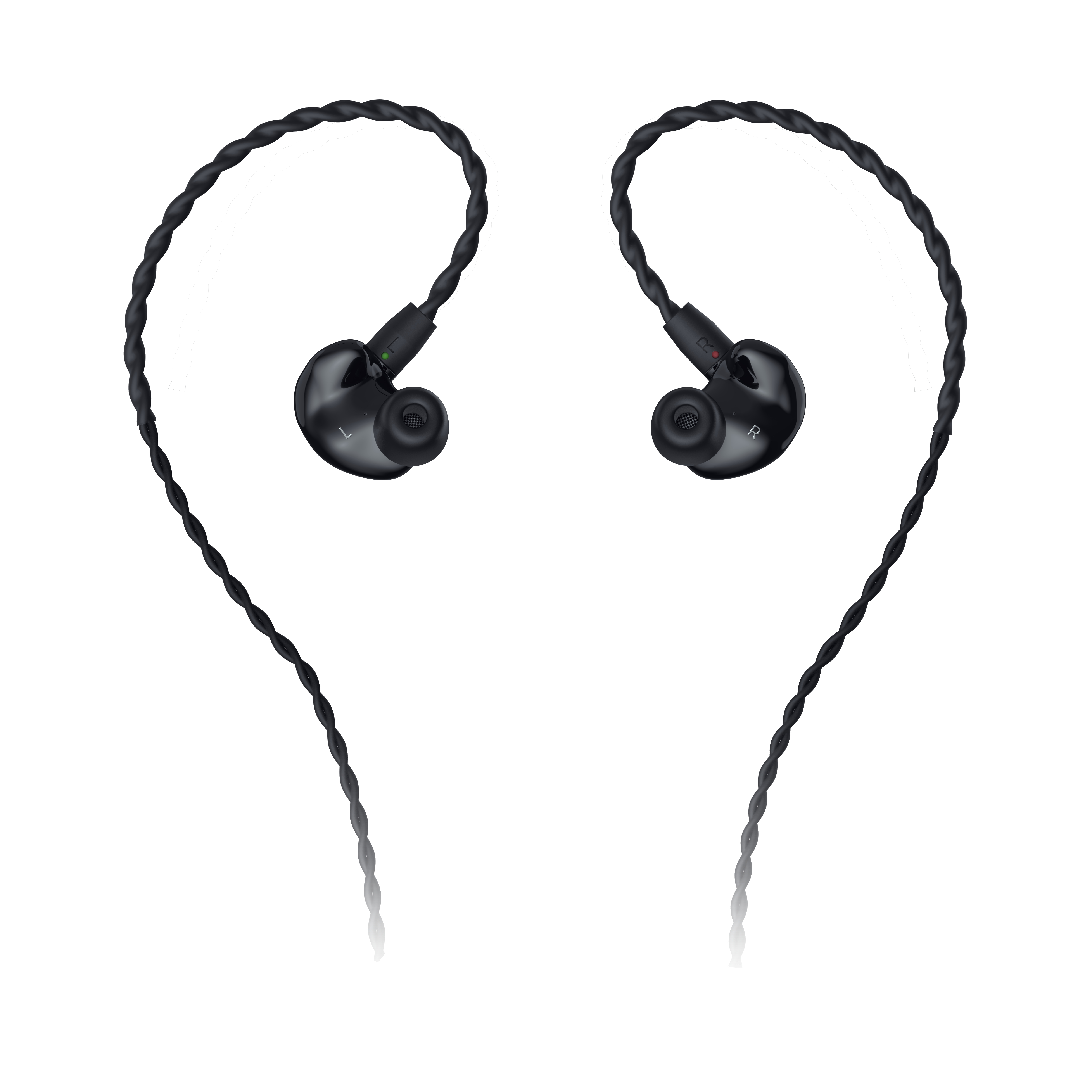 Auriculares internos negros con cable trenzado. Las marcas izquierda y derecha son visibles.
