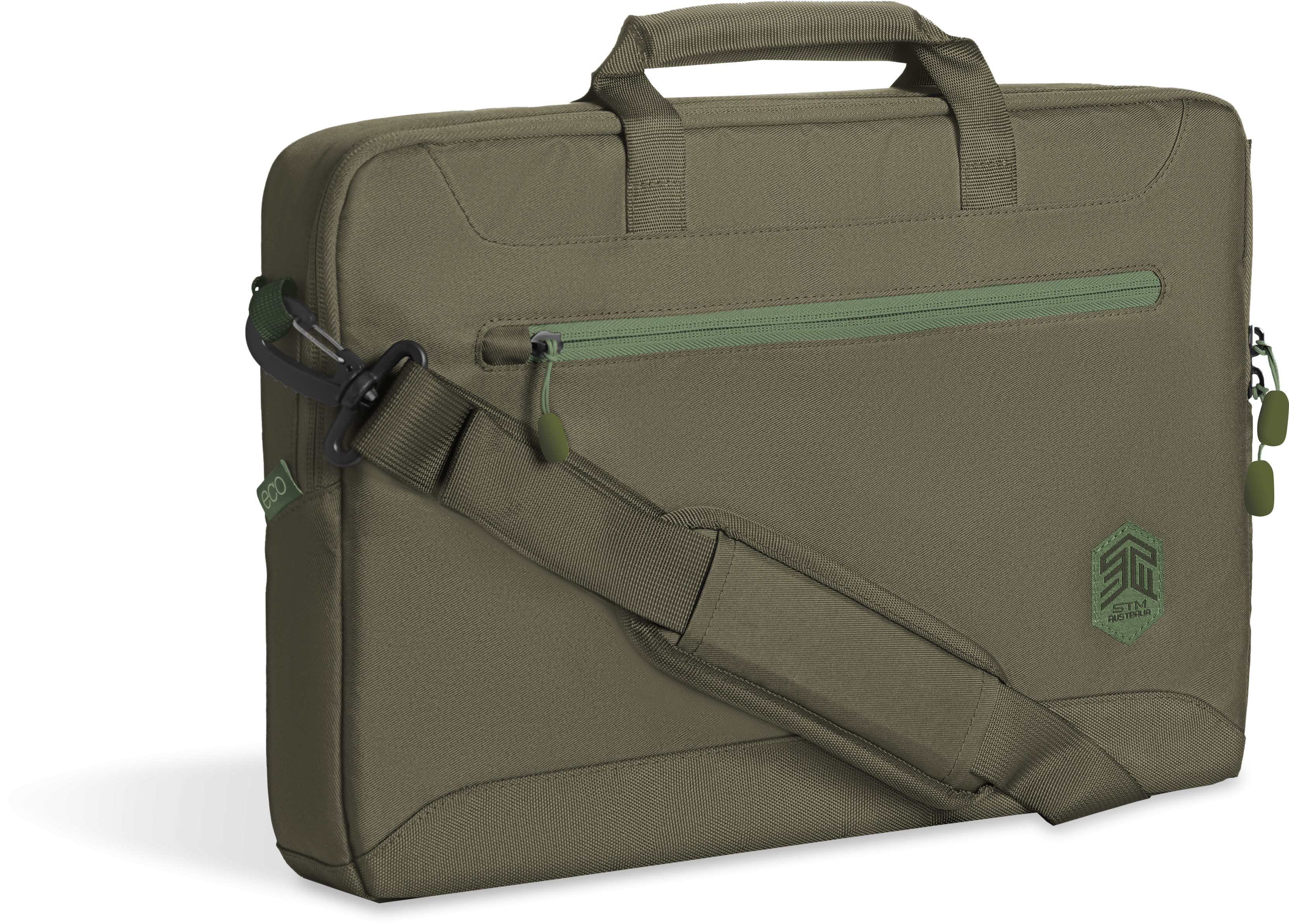 Bolsa verde para portátil con correa para el hombro. Detalles verde oscuro. Fondo blanco.