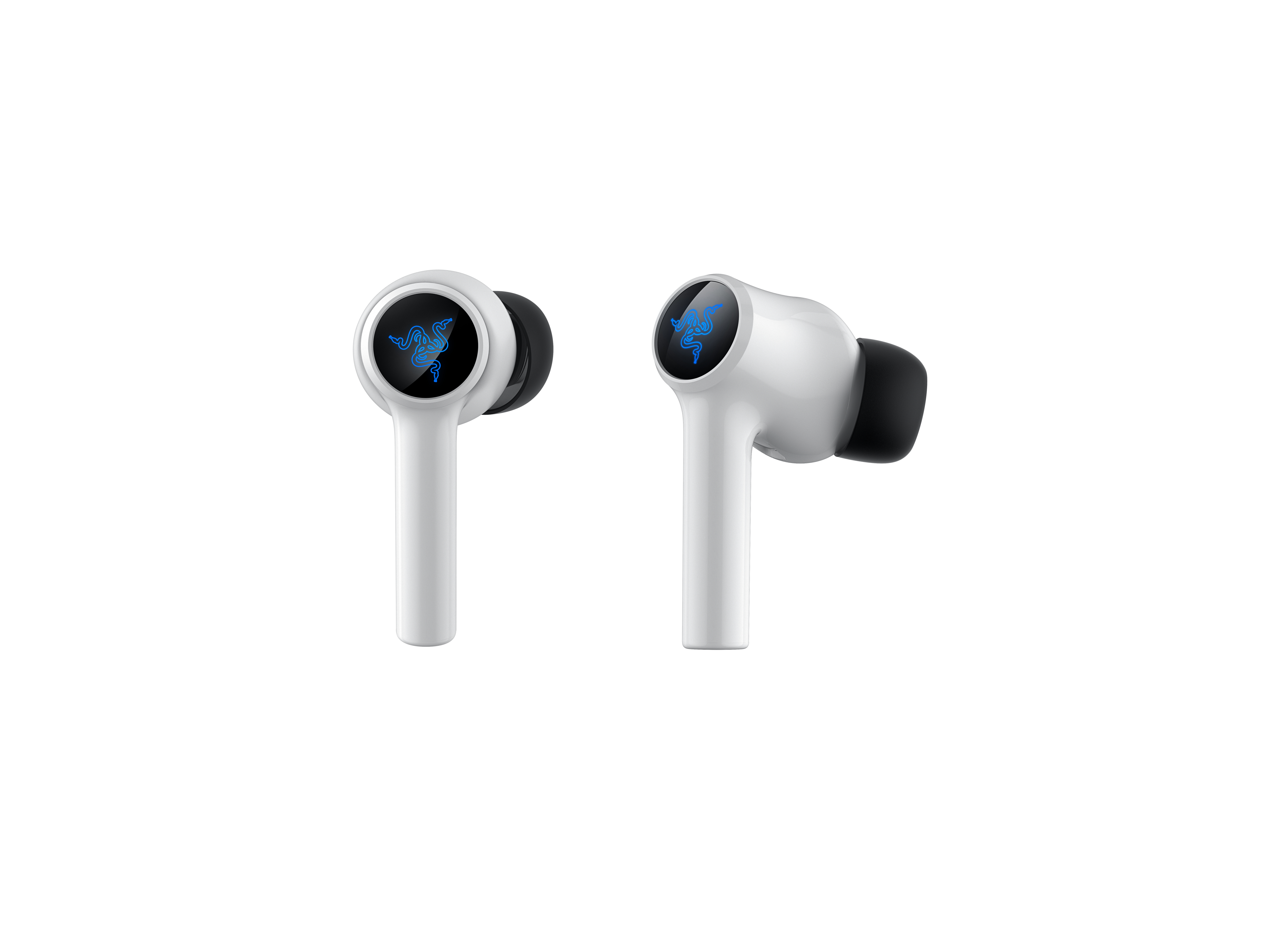 Twee witte Razer oordopjes met een zwart logo op een witte achtergrond.