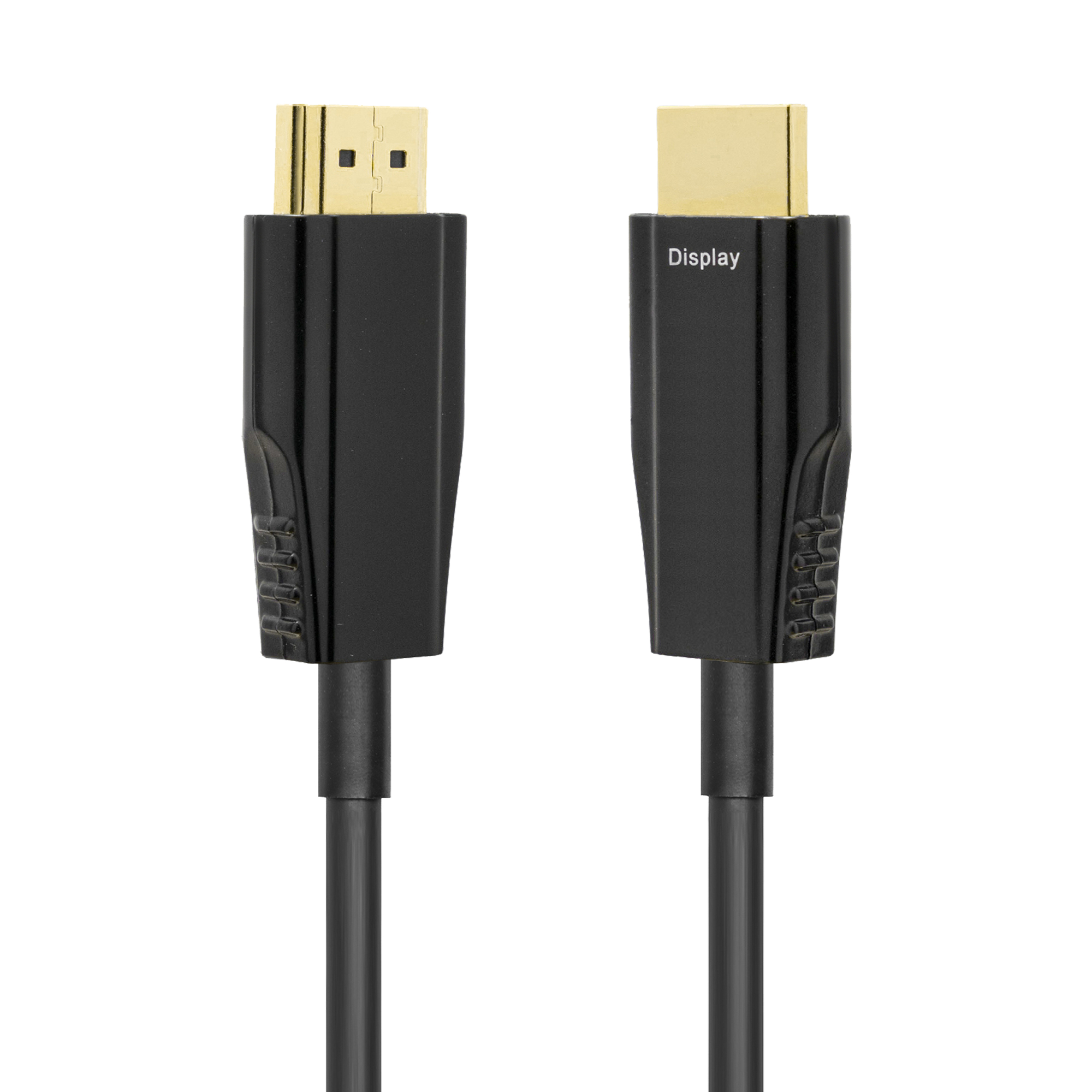 Twee zwarte HDMI-kabels met gouden connectoren. Eén kabel is gemarkeerd met 'Display'.