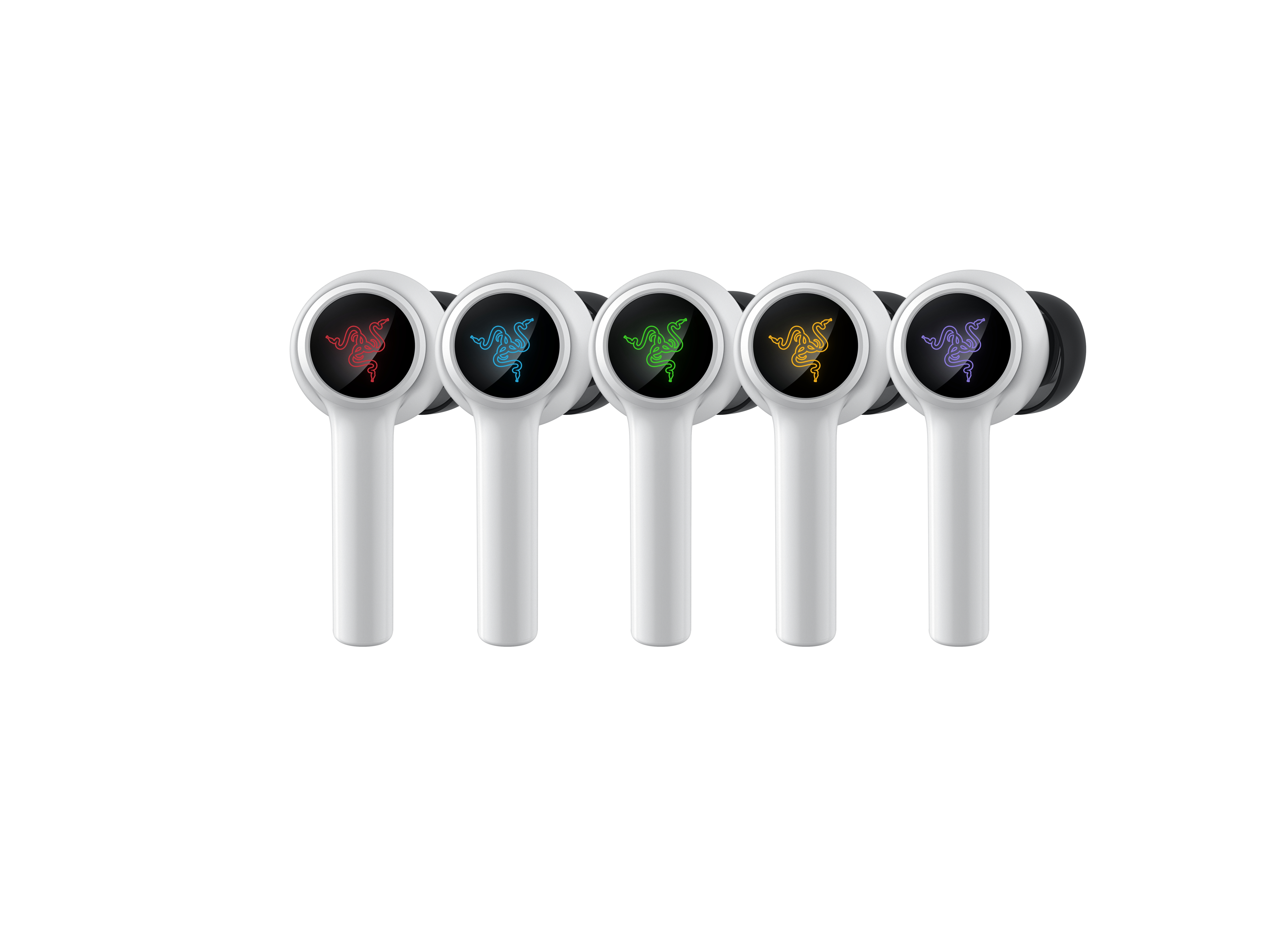 Vijf witte oordopjes met Razer logo's in verschillende kleuren op een witte achtergrond.