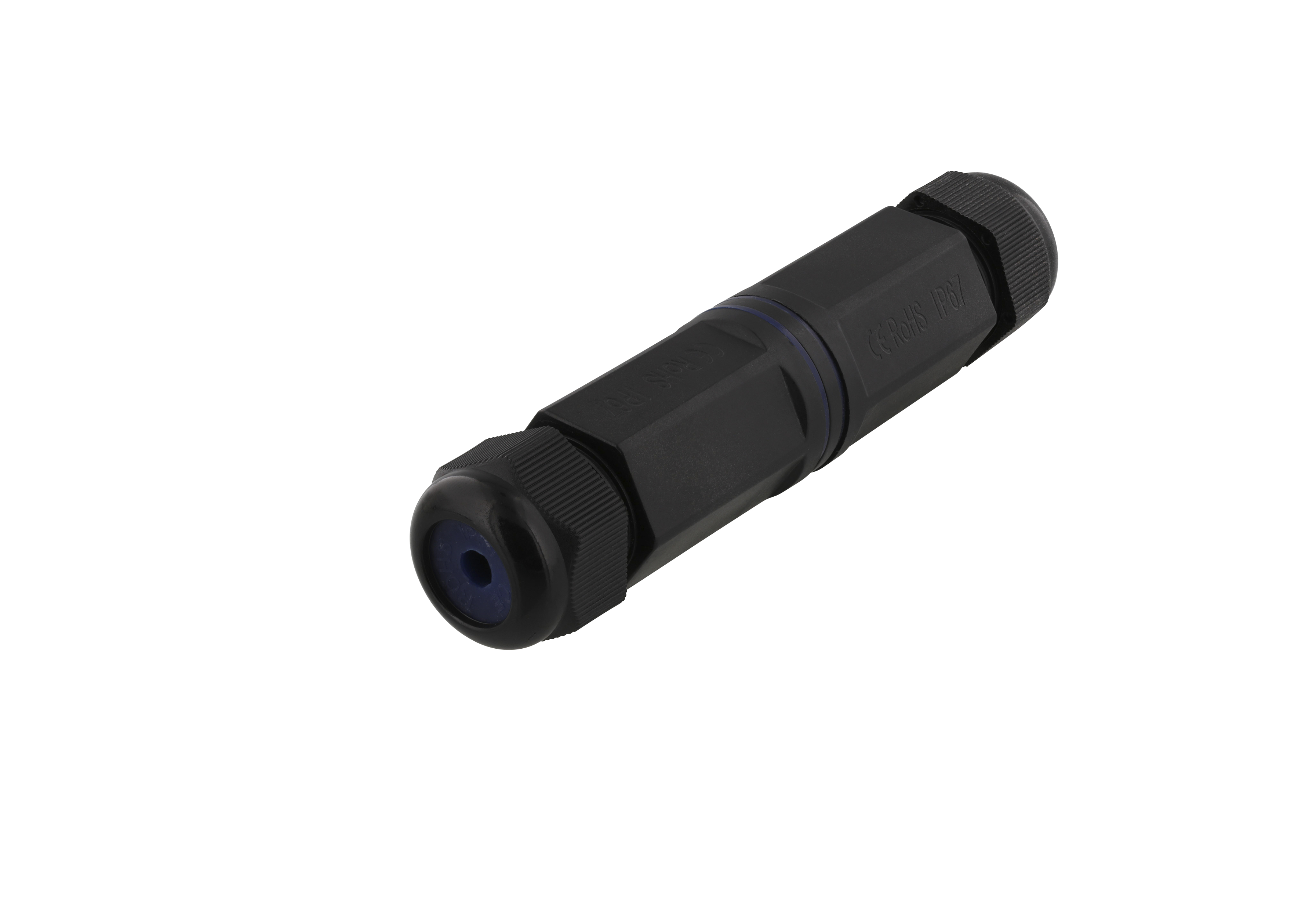 Black rectangular connector with screw-on caps on both ends. The brand is visible.