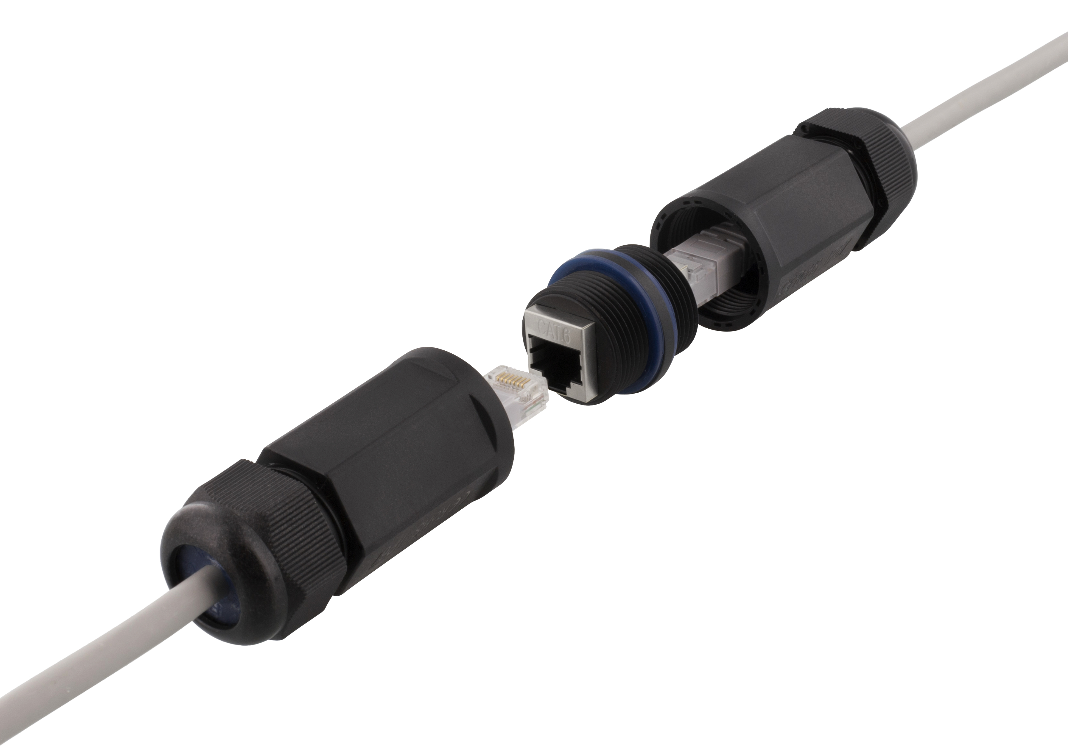 Network cable connectors, black, connected to a gray cable.