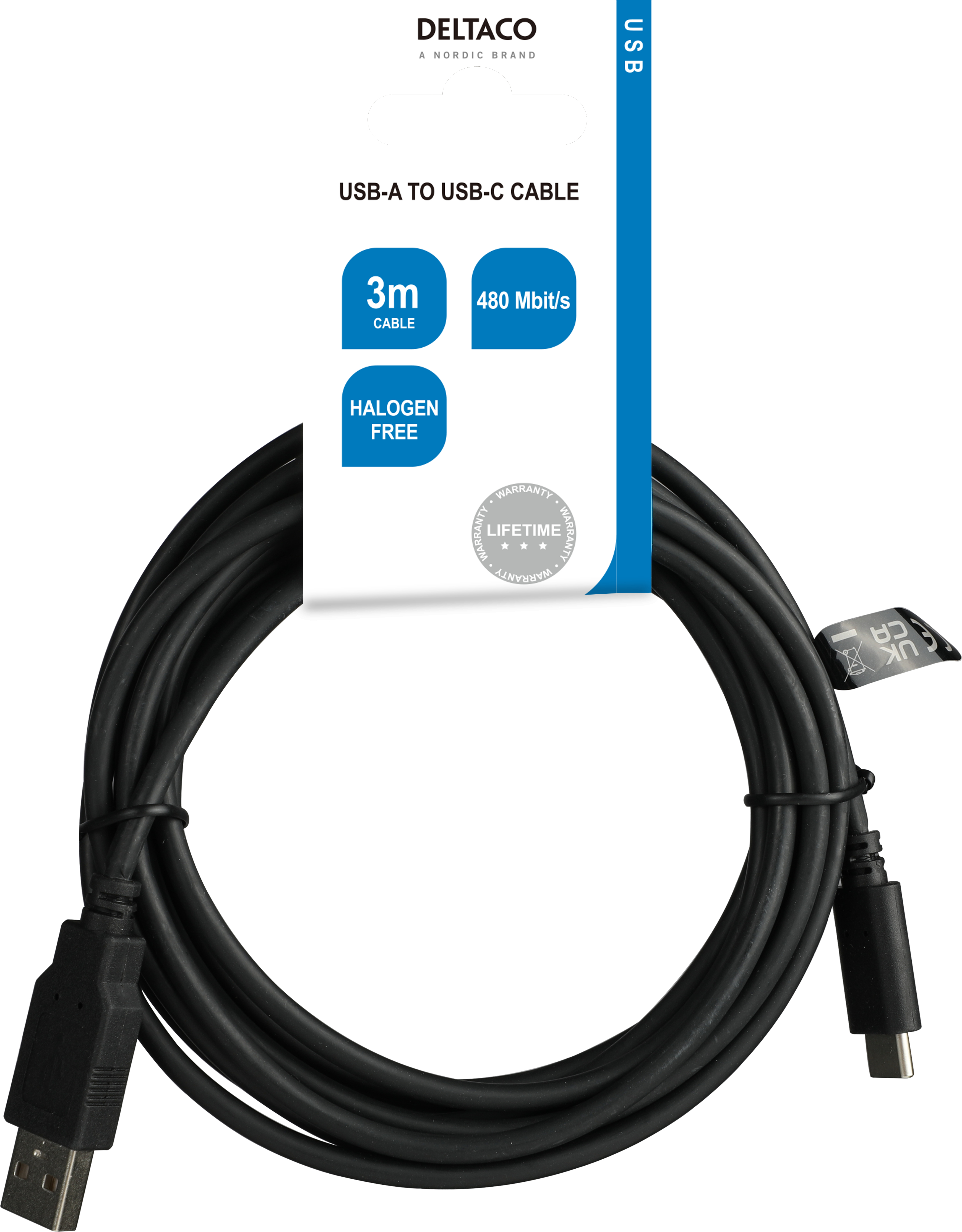 Zwarte USB-A naar USB-C kabel met verpakking. De verpakking toont de kabelspecificaties.